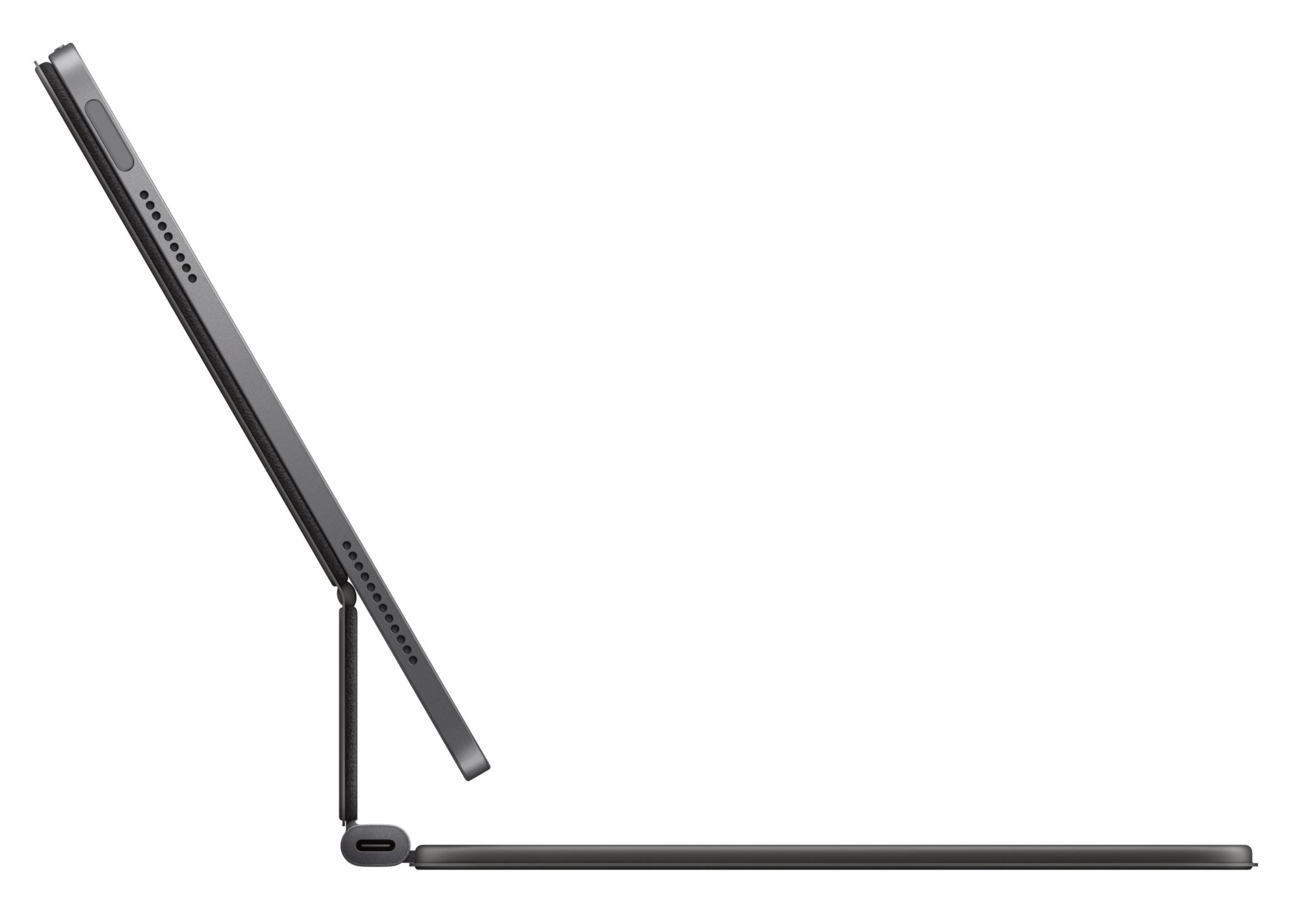 Ein graues Tablet mit angeschlossener Tastatur. Das Tablet ist nach oben abgewinkelt. Der Hintergrund ist weiß.