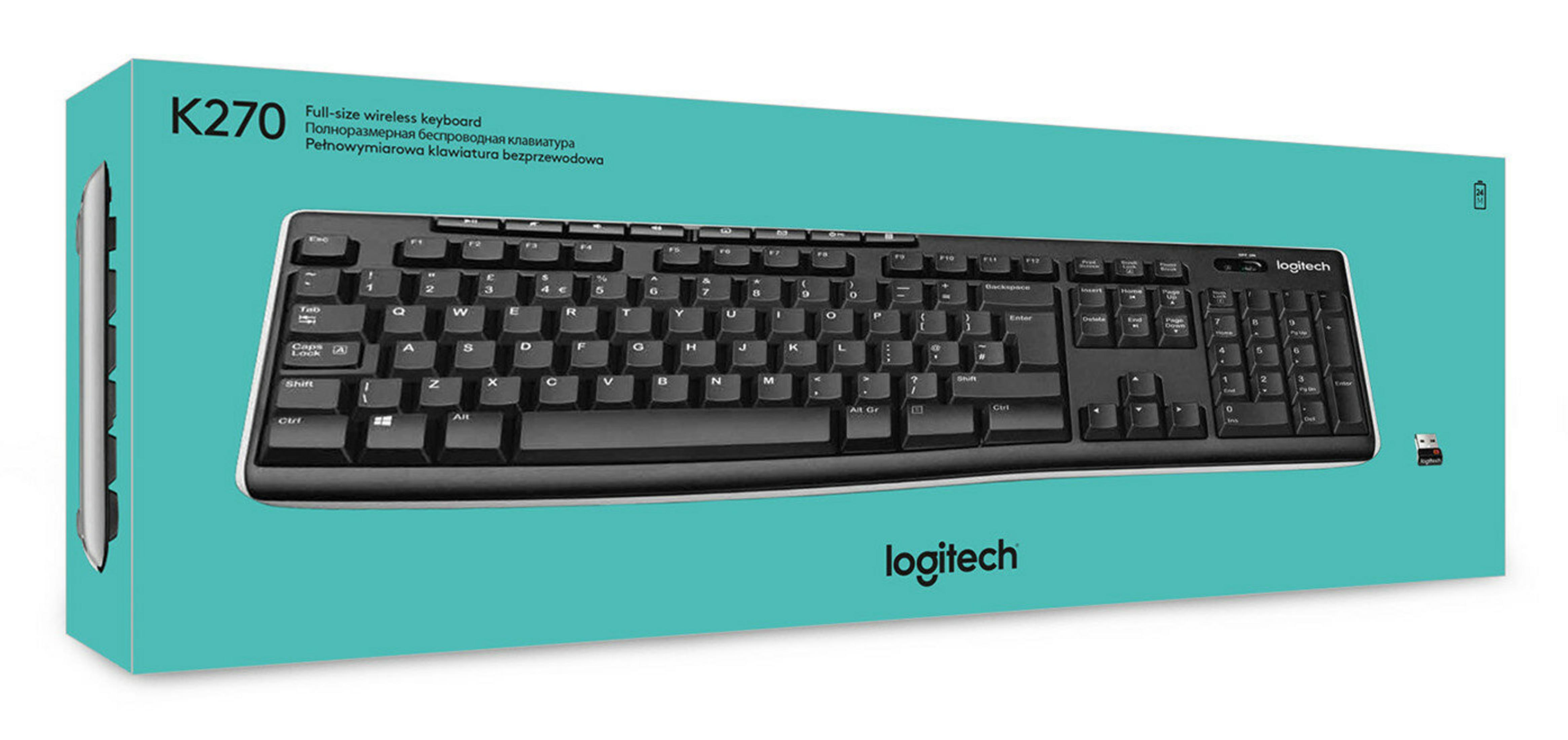 Ein Logitech K270 Funk-Tastaturkarton. Er ist schwarz und hat ein vollständiges Tastaturlayout. Die Box ist türkis.