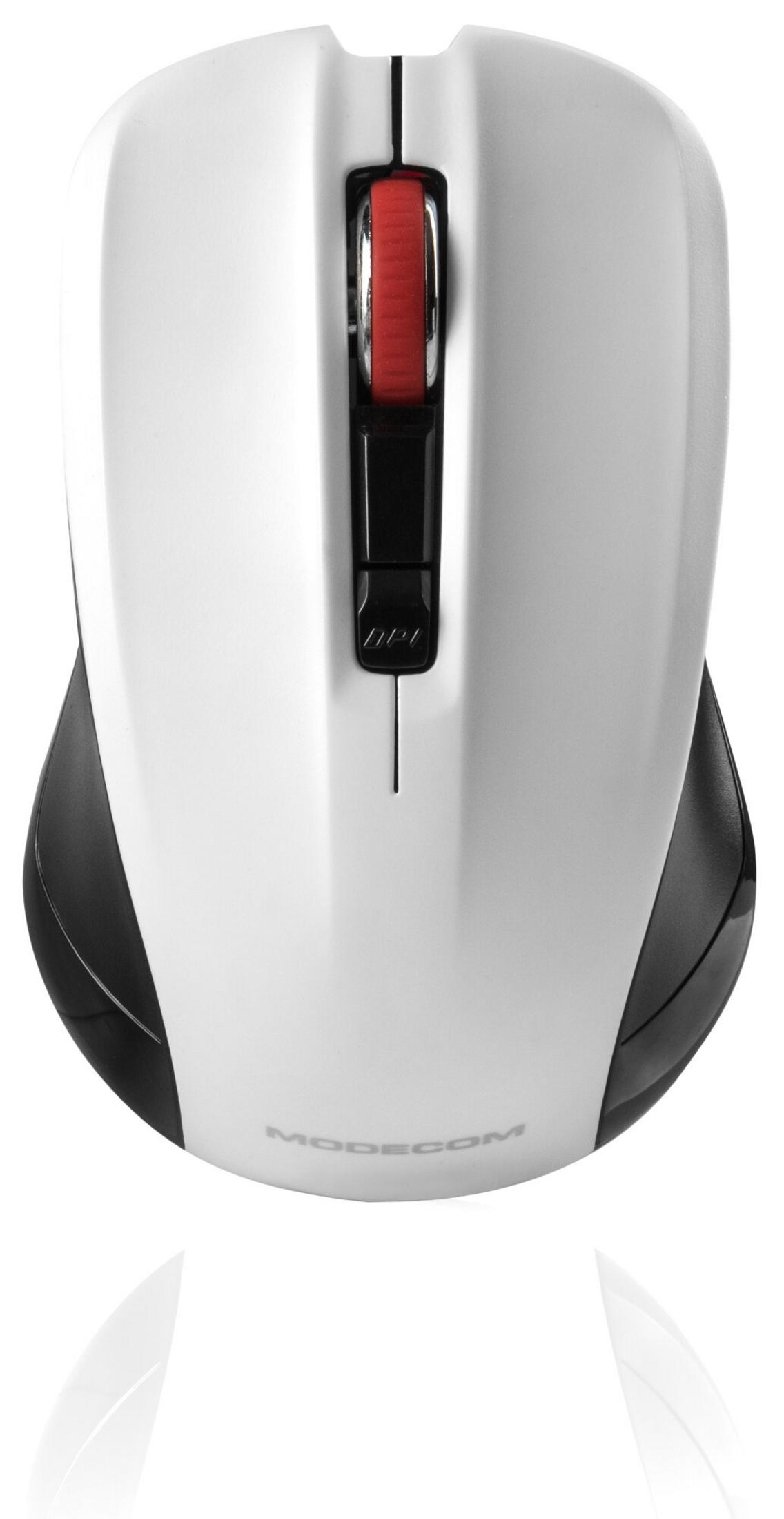 Biała mysz komputerowa z czarnymi akcentami i czerwonym kółkiem przewijania. Marka MODECOM na dole.