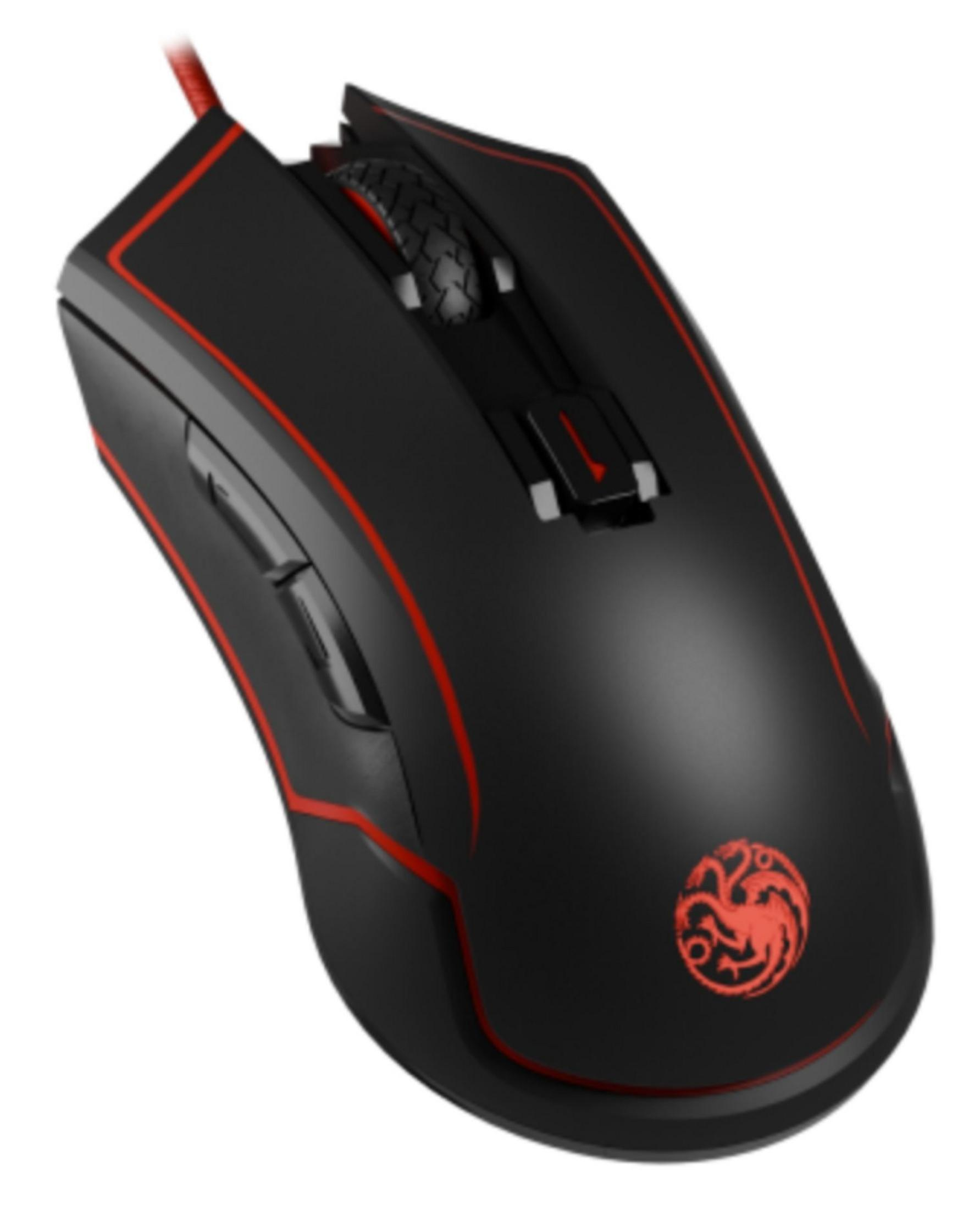 Mouse da gioco nero con dettagli rossi. Dispone di rotella, pulsanti e logo. Ha un cavo rosso.