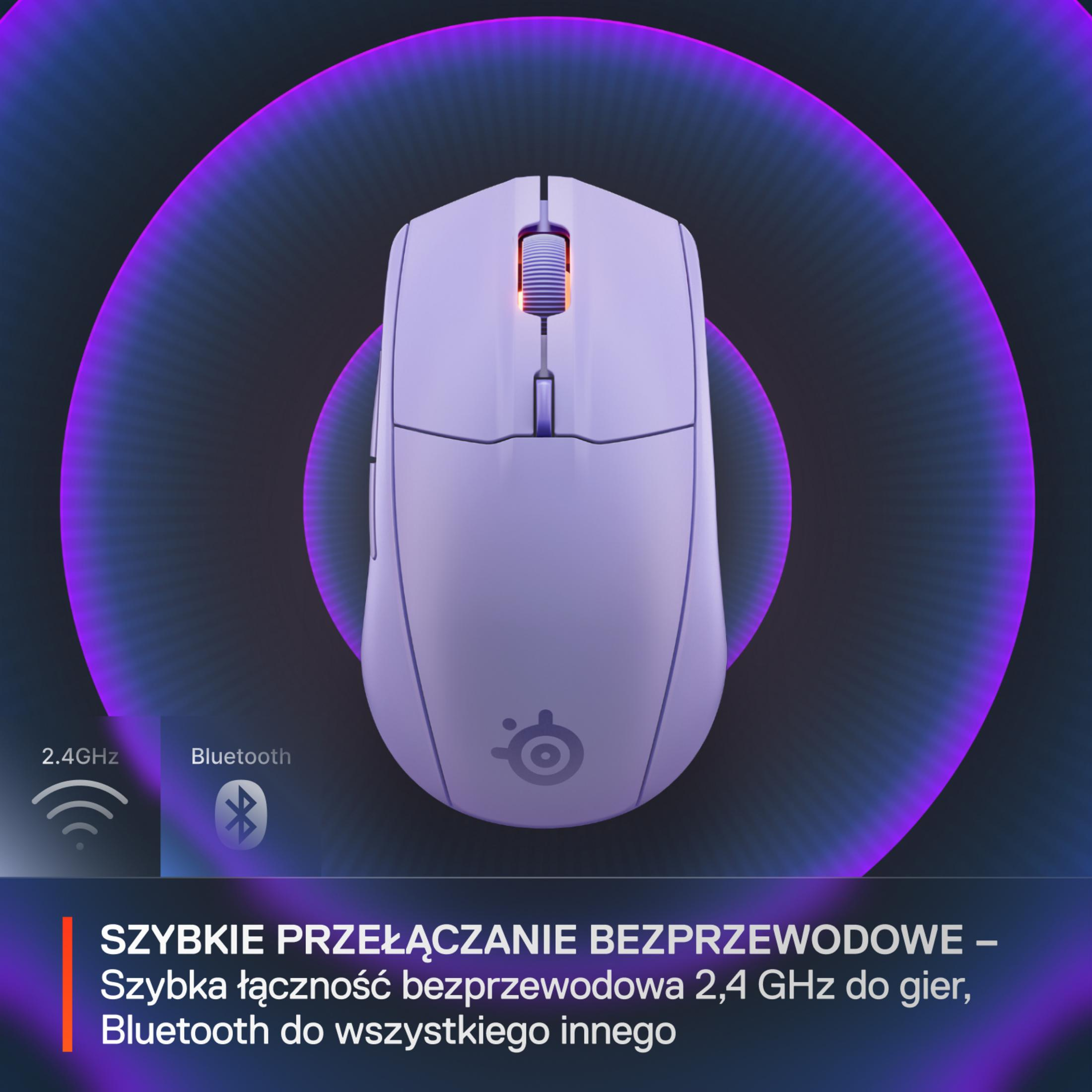 Eine weiße, kabellose Computermaus mit lila Leuchteffekt. Text zeigt 2,4 GHz und Bluetooth-Konnektivitätsoptionen an.