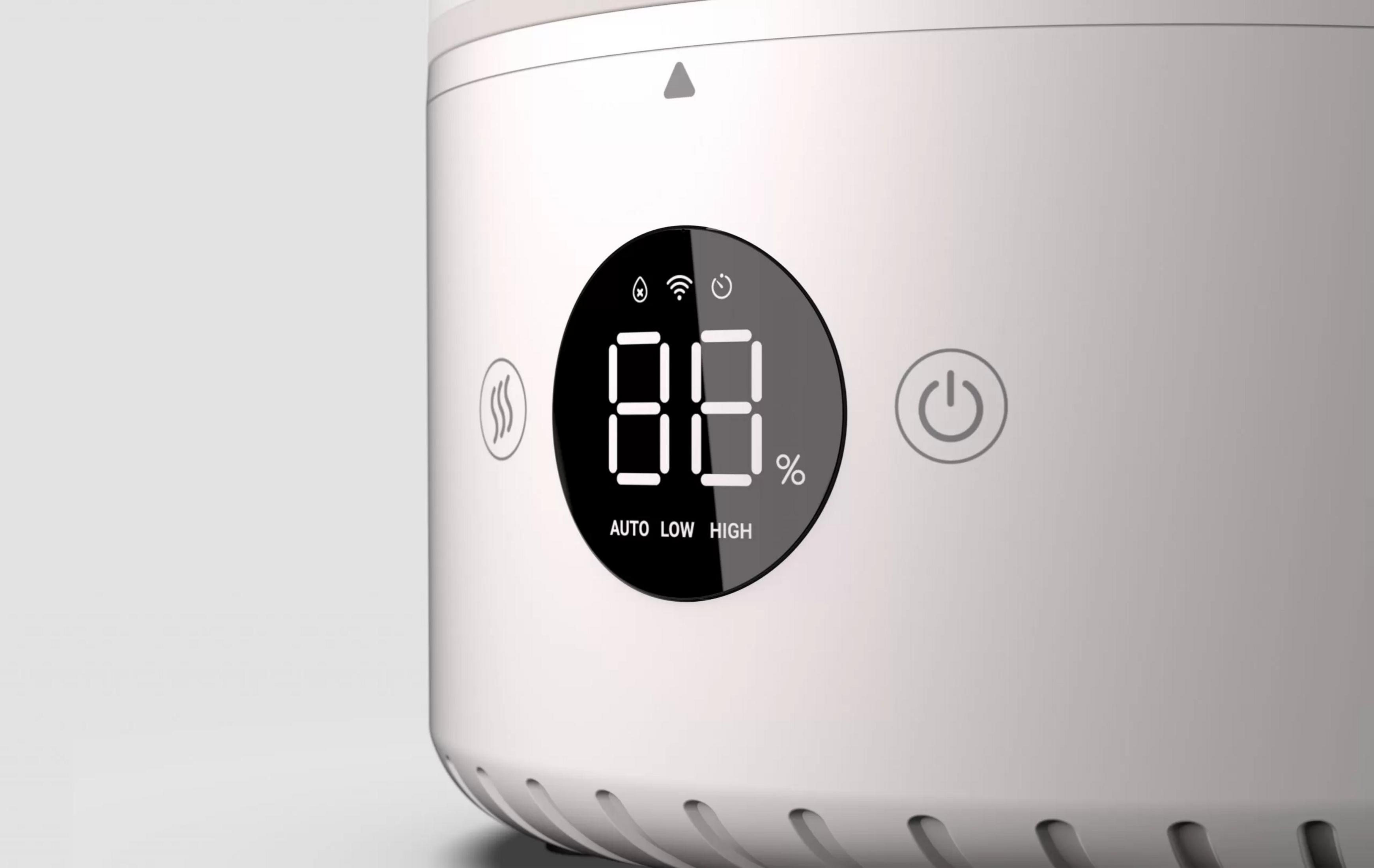 Biały nawilżacz z cyfrowym wyświetlaczem pokazującym 88% wilgotności. Widoczne przyciski zasilania, pary i ustawień.