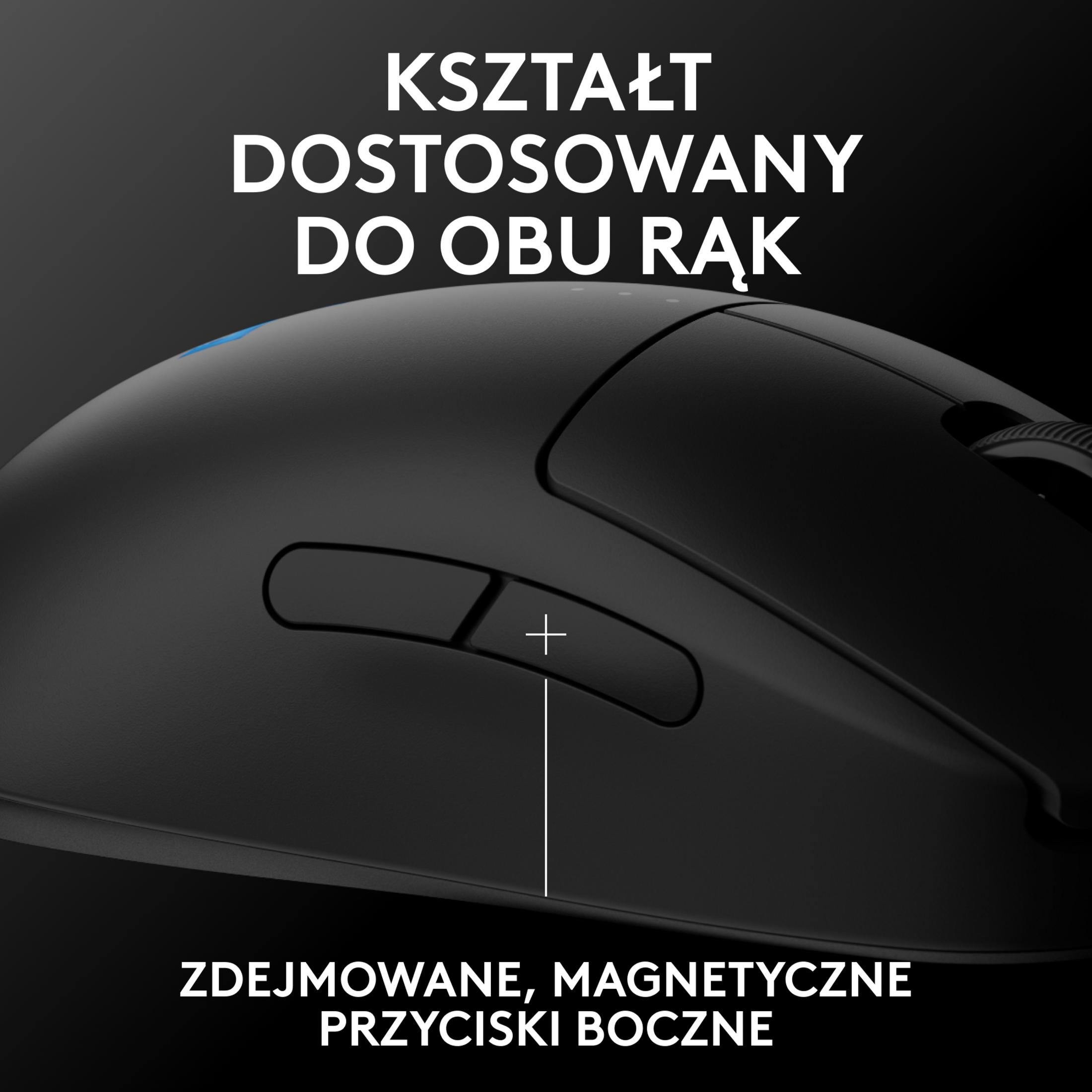 Schwarze Gaming-Maus mit Seitentasten. Der Text besagt, dass sie für beide Hände geeignet ist und abnehmbare Magnettasten hat.