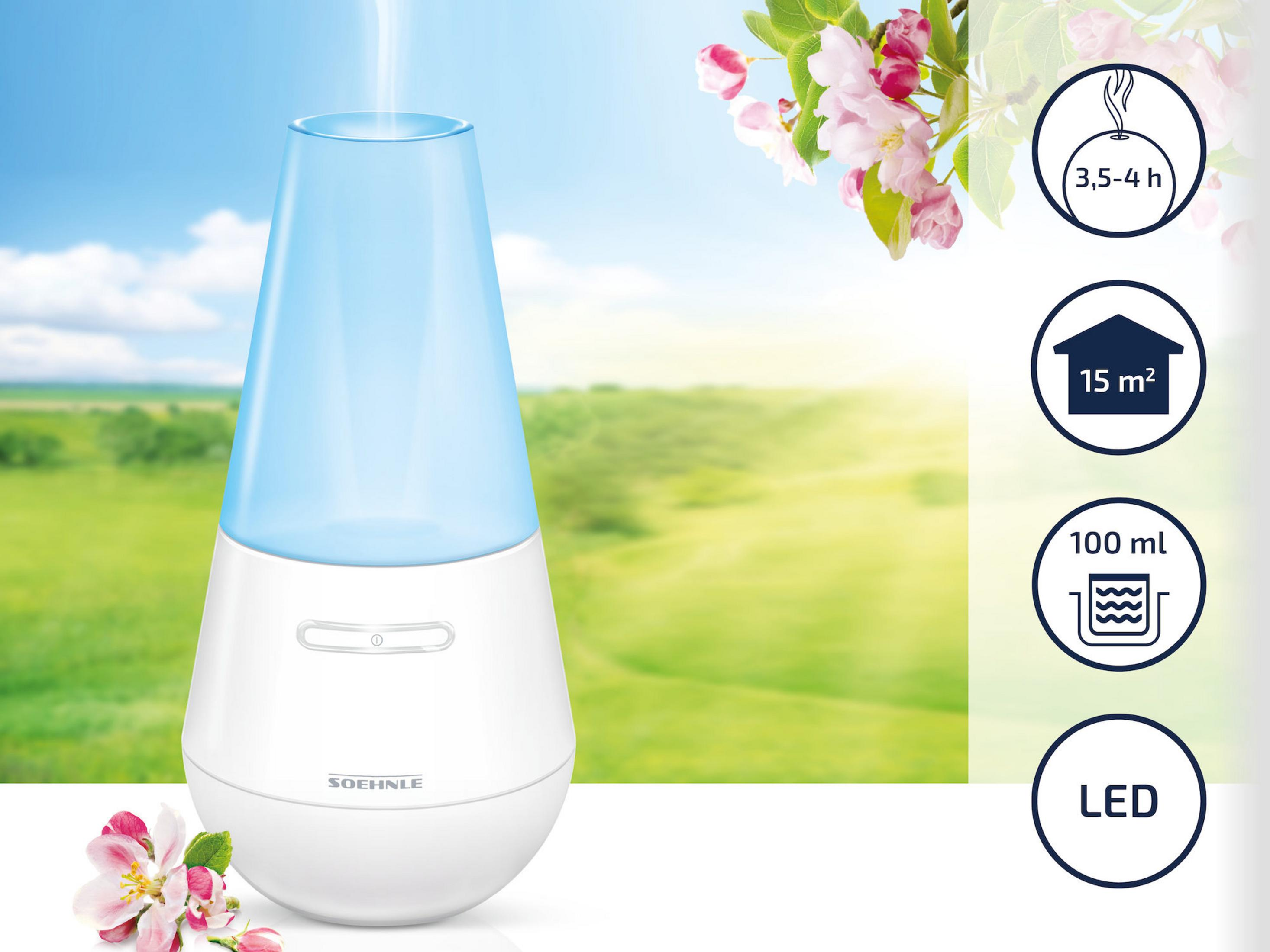 Diffusore di oli essenziali bianco con parte superiore blu, vapore, decorazioni floreali e icone informative su sfondo verde.