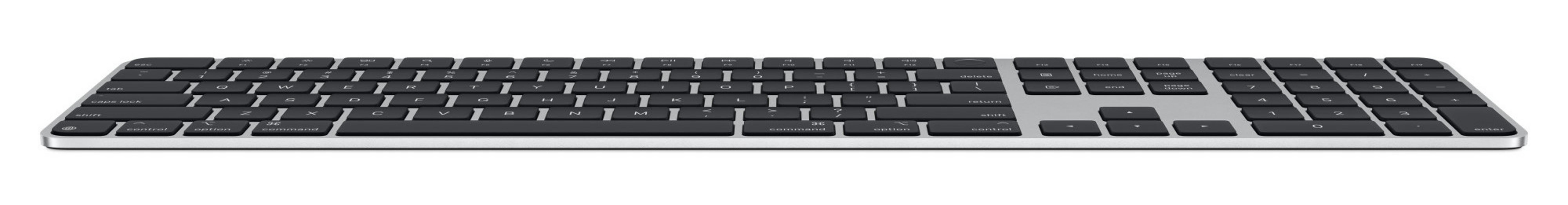 Una tastiera Apple argentata su sfondo bianco. Ha tasti neri e un tastierino numerico.