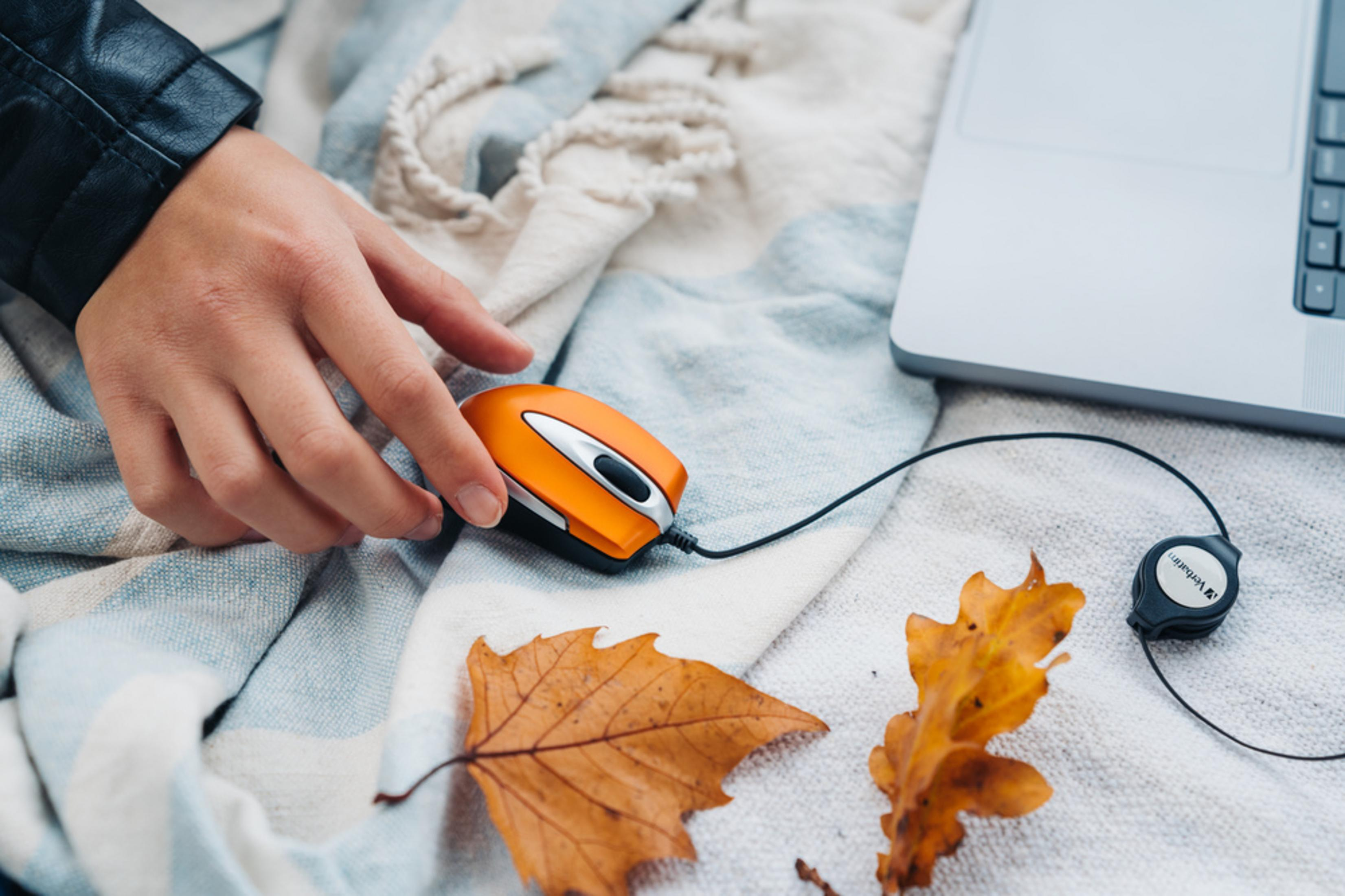 A hand using an orange mouse next to a laptop. Brown leaves are scattered across a blanket.