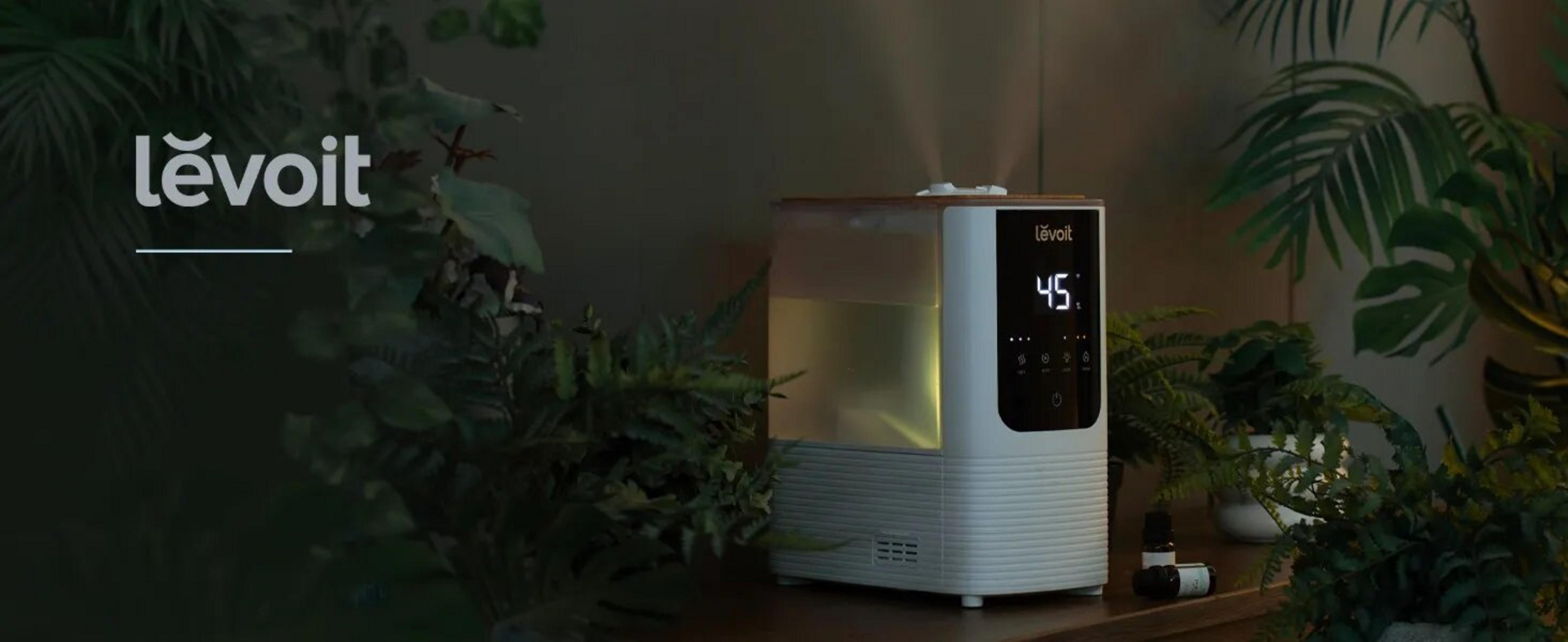 Nawilżacz powietrza Levoit z cyfrowym wyświetlaczem pokazującym 45. Otoczony roślinami. Olejki eteryczne na drewnianej powierzchni w słabym oświetleniu.