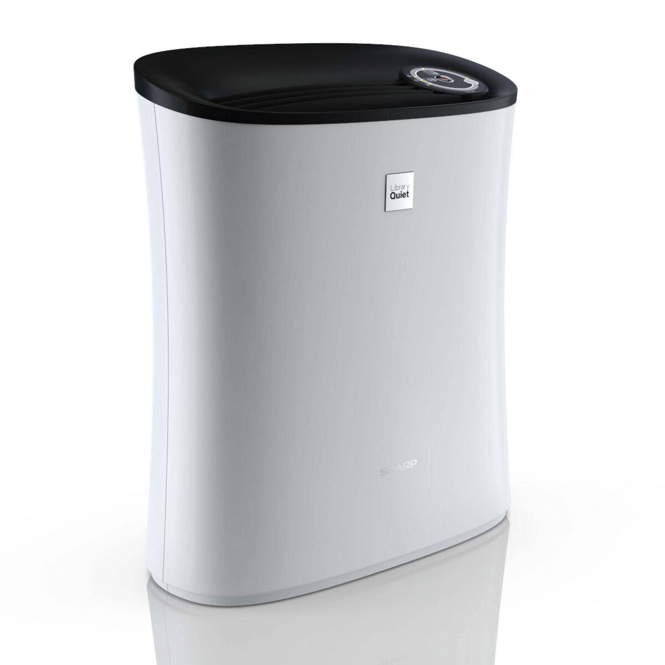 Oczyszczacz powietrza. Biały korpus z czarnym blatem. Ma słowa 'Library Quiet' i markę 'SHARP'.