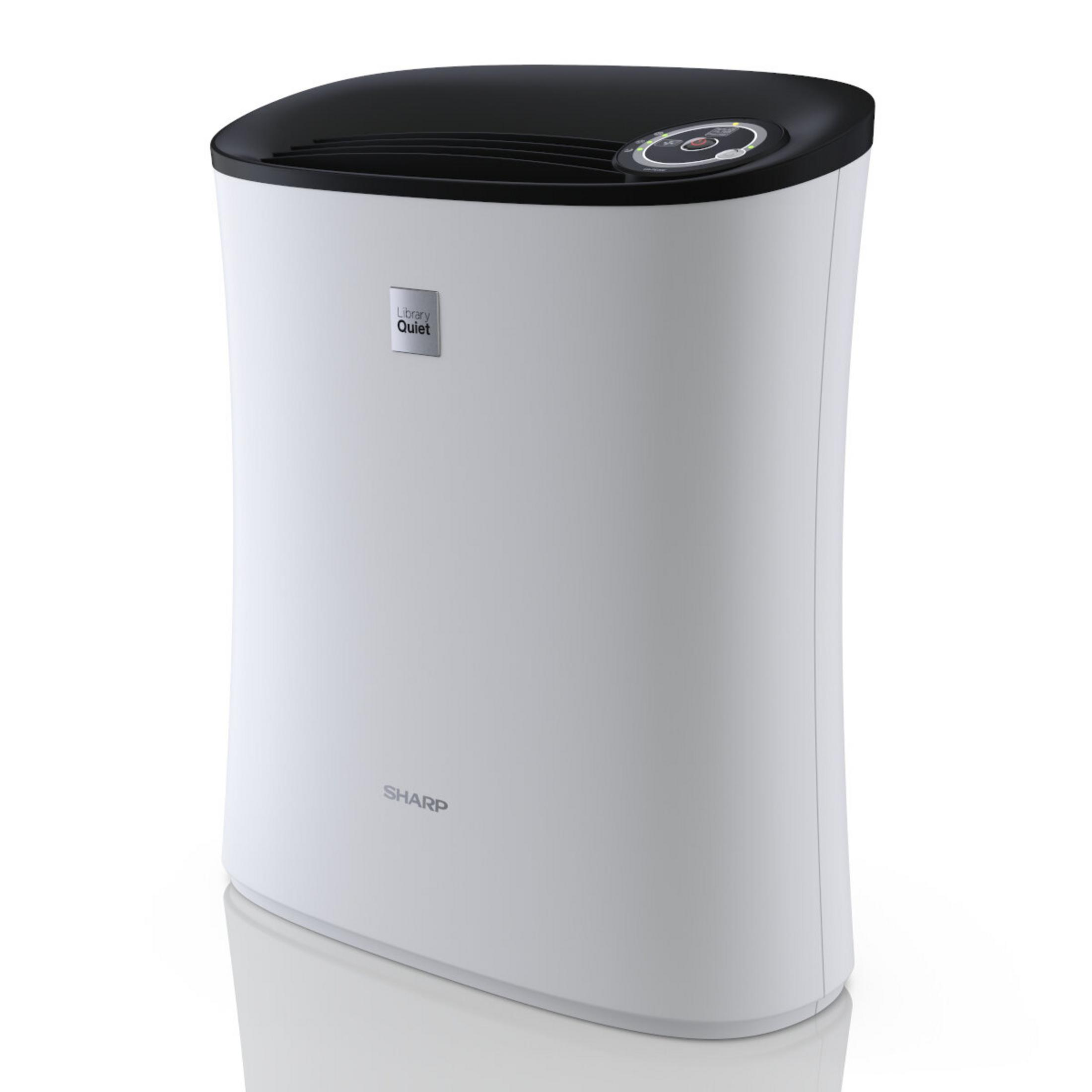 Biały oczyszczacz powietrza z czarnym blatem. Ma panel sterowania i widoczną markę SHARP.