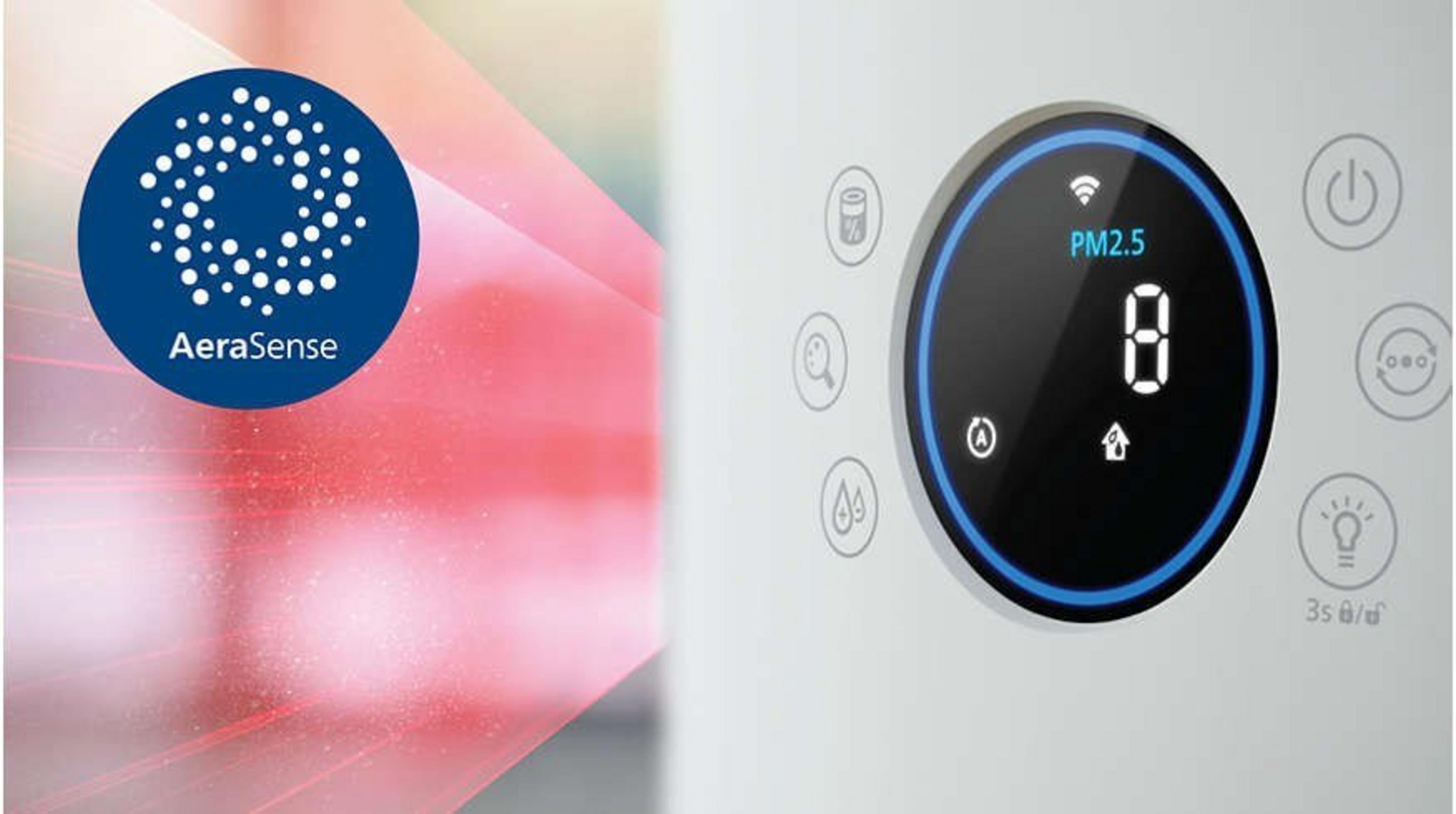 Luftreiniger mit Digitalanzeige für PM2,5-Pegel. AeraSense-Logo links. Weißes und blaues Farbschema.