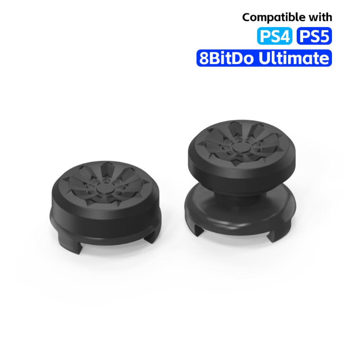 Dwa czarne zamienniki joysticków z teksturowanymi wierzchami. Tekst u góry: Kompatybilny z PS4 PS5 8BitDo Ultimate.