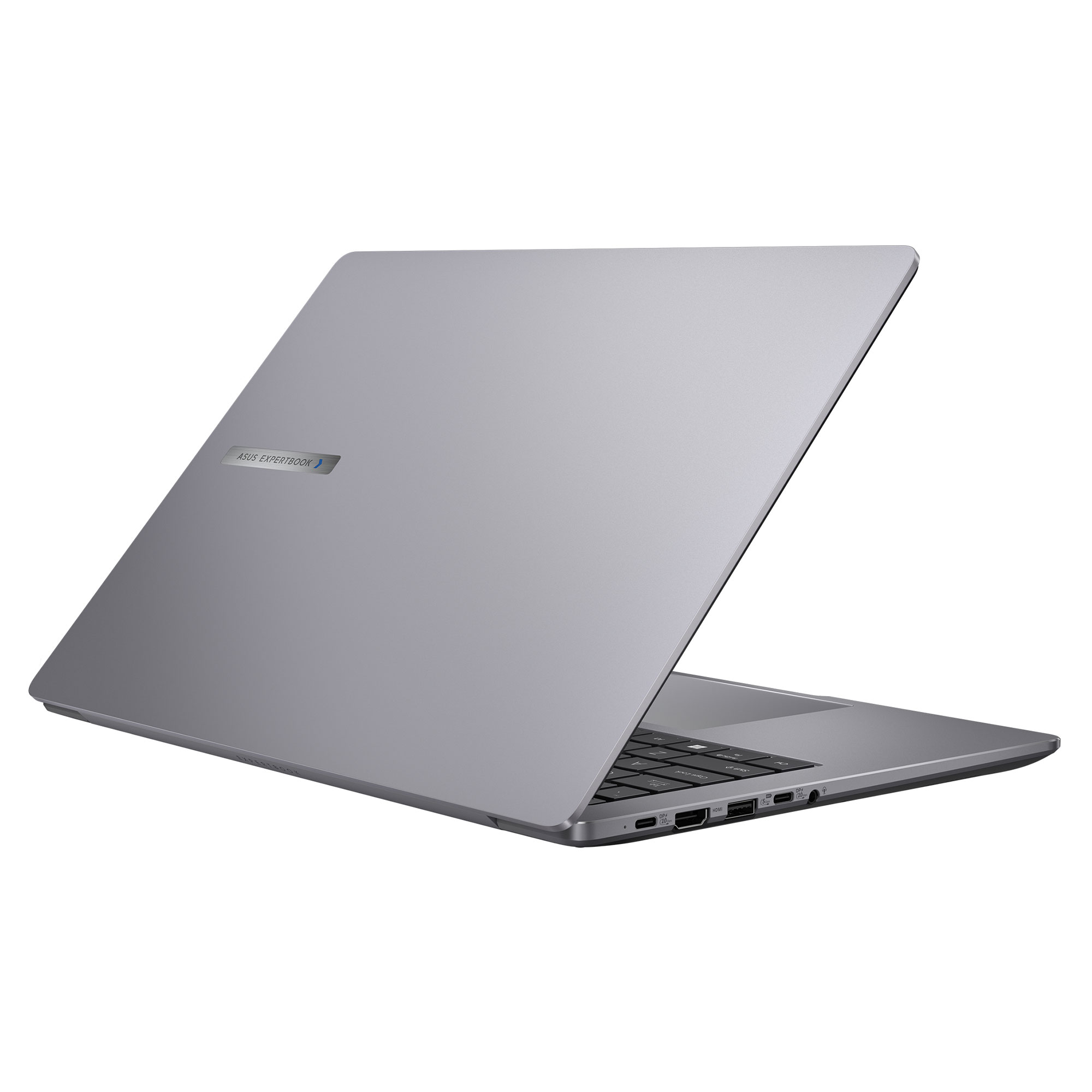 Kapağı açık gri bir dizüstü bilgisayar. ASUS Expertbook logosu görünür. Arka plan beyazdır.