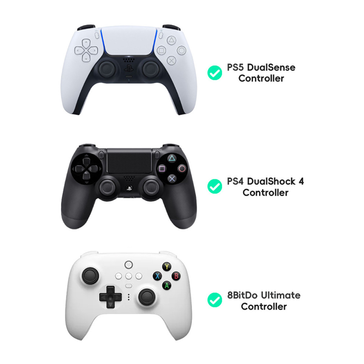 Trzy kontrolery do gier: PS5 DualSense w kolorze białym, PS4 DualShock 4 w kolorze czarnym i 8BitDo Ultimate w kolorze białym.