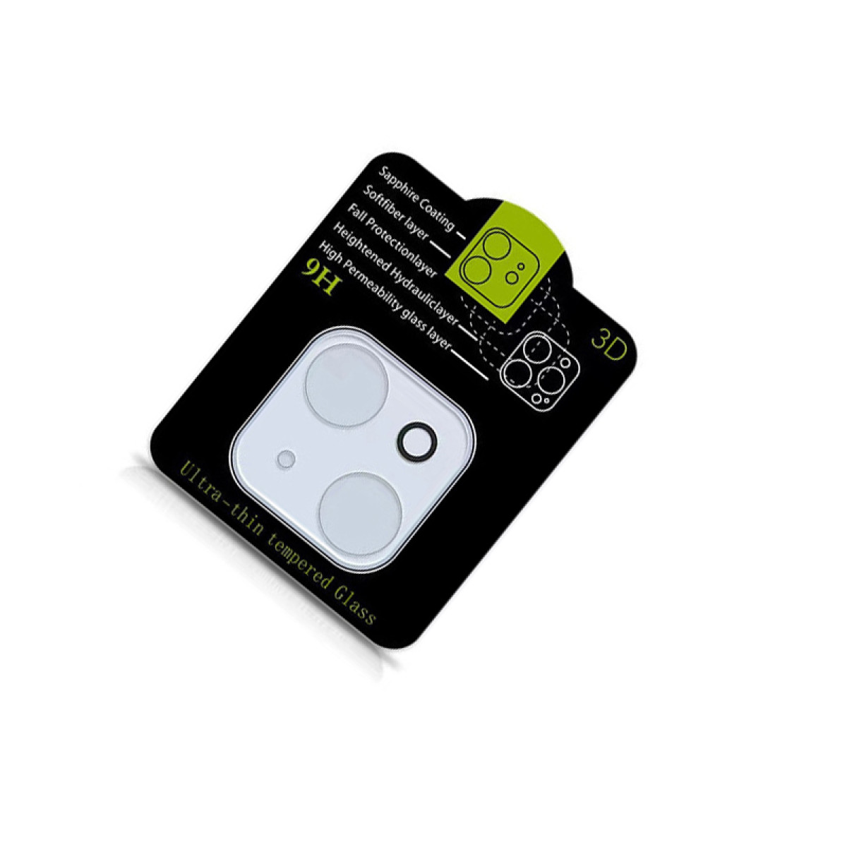 Vidrio templado negro para una cámara de teléfono. Tiene capas y dice Vidrio templado ultra delgado.