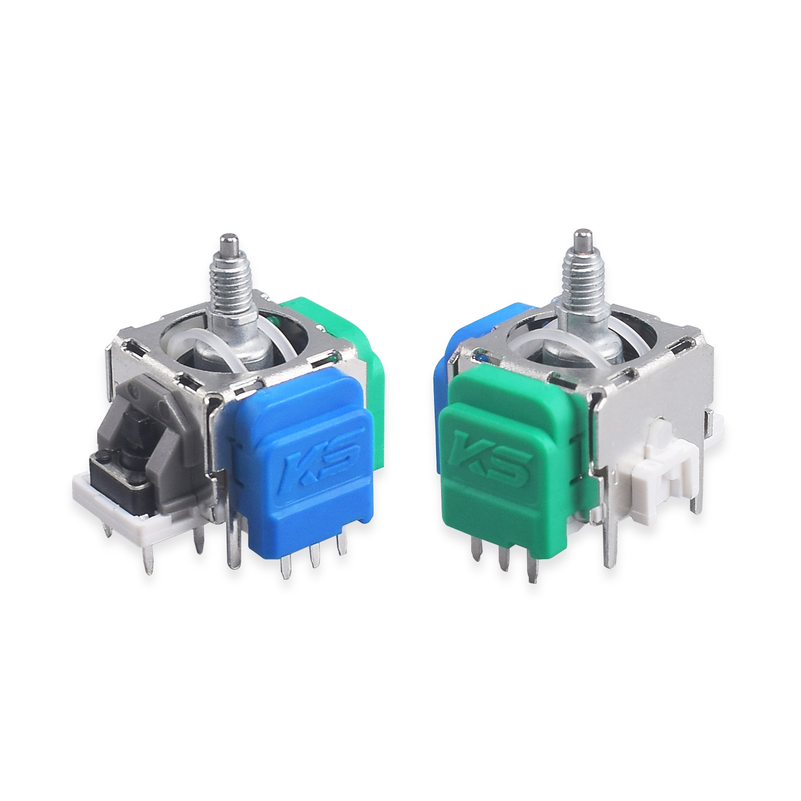 Dwa moduły joysticka. Każdy ma srebrny joystick, zielone i niebieskie plastikowe części ze szpilkami.