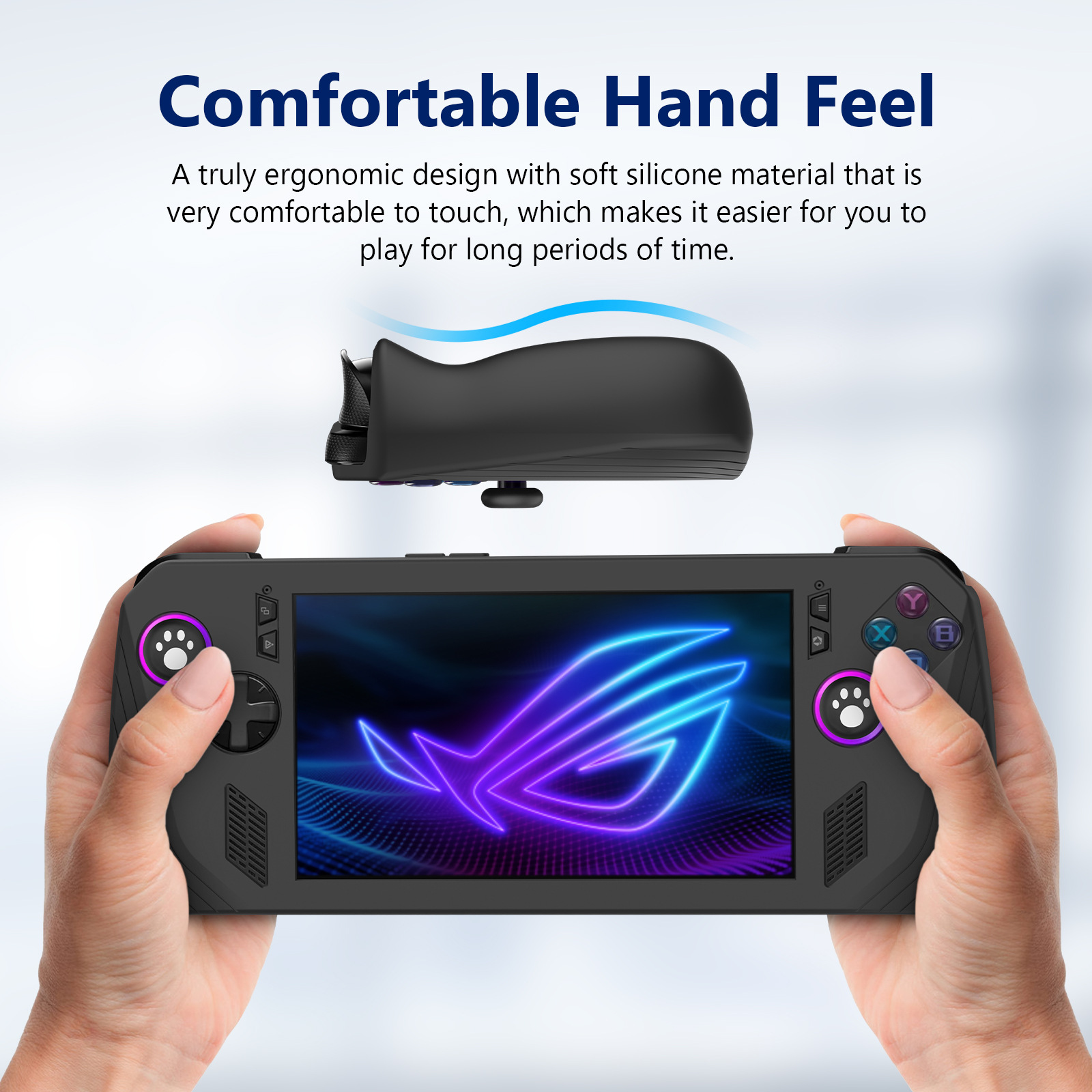Mani che tengono un dispositivo di gioco portatile nero. Lo schermo mostra un logo blu e viola. Un controller nero è sopra.
