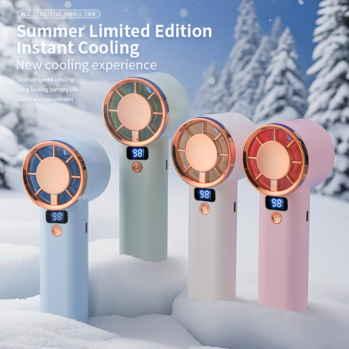 Cztery kolorowe przenośne wentylatory na tle śniegu. Każdy wentylator ma cyfrowy wyświetlacz z '98'. Tekst mówi 'Summer Limited Edition Instant Cooling'.