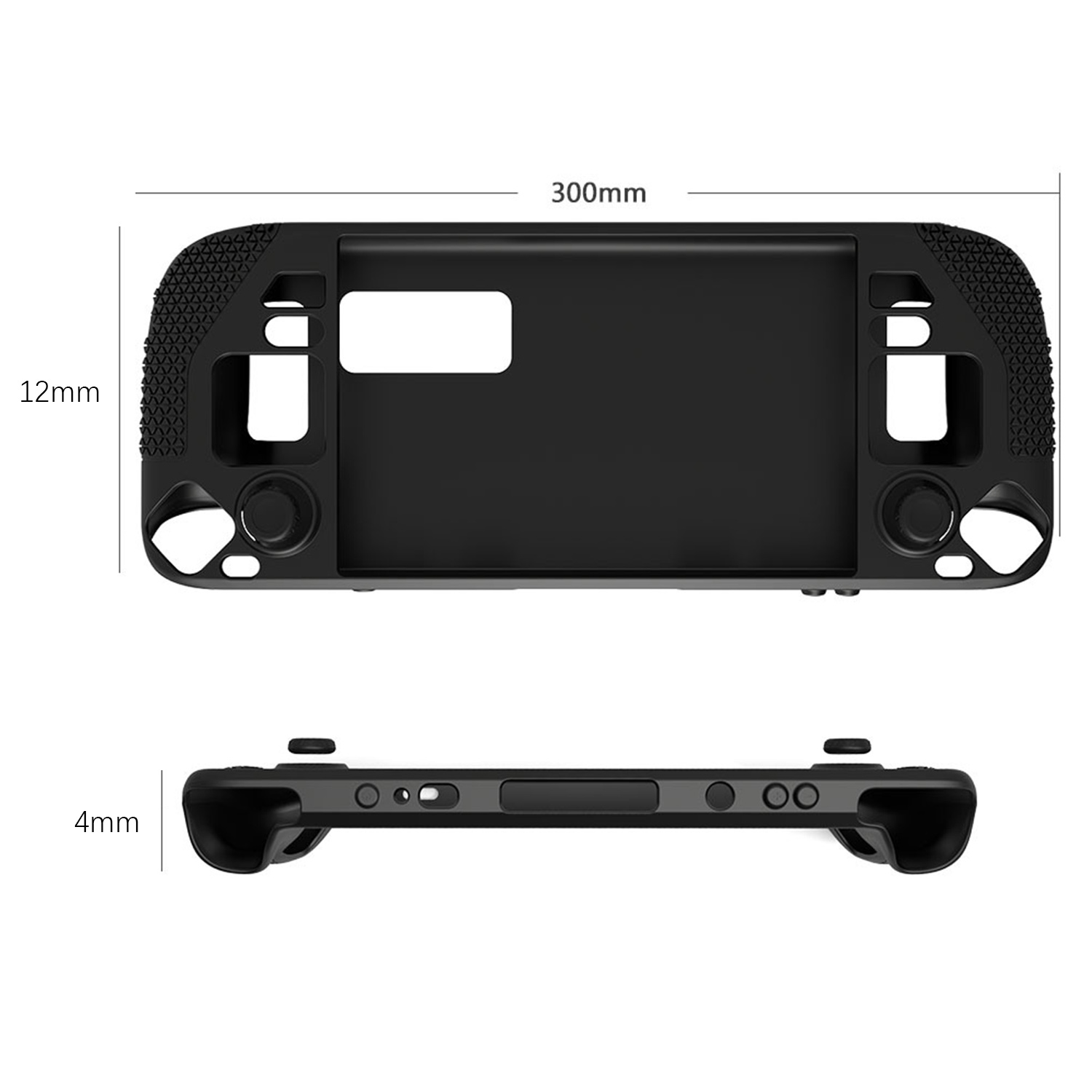Custodia protettiva nera per dispositivo di gioco portatile, con dimensioni indicate. Include viste dall'alto e laterali, mostrando la forma.