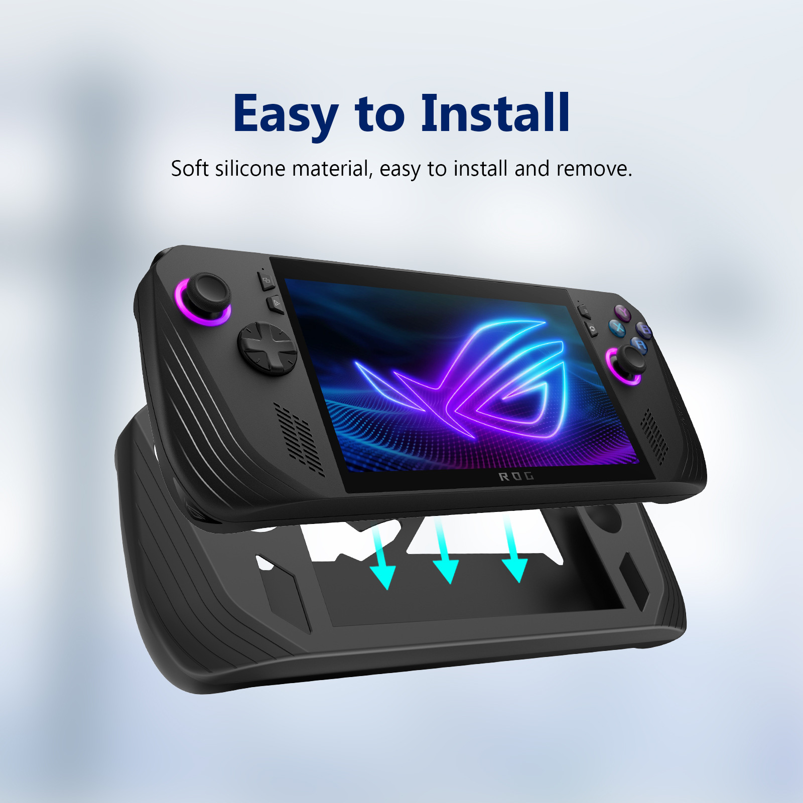 Console di gioco portatile nera su un supporto. Lo schermo mostra un logo. Testo: 'Easy to Install'.