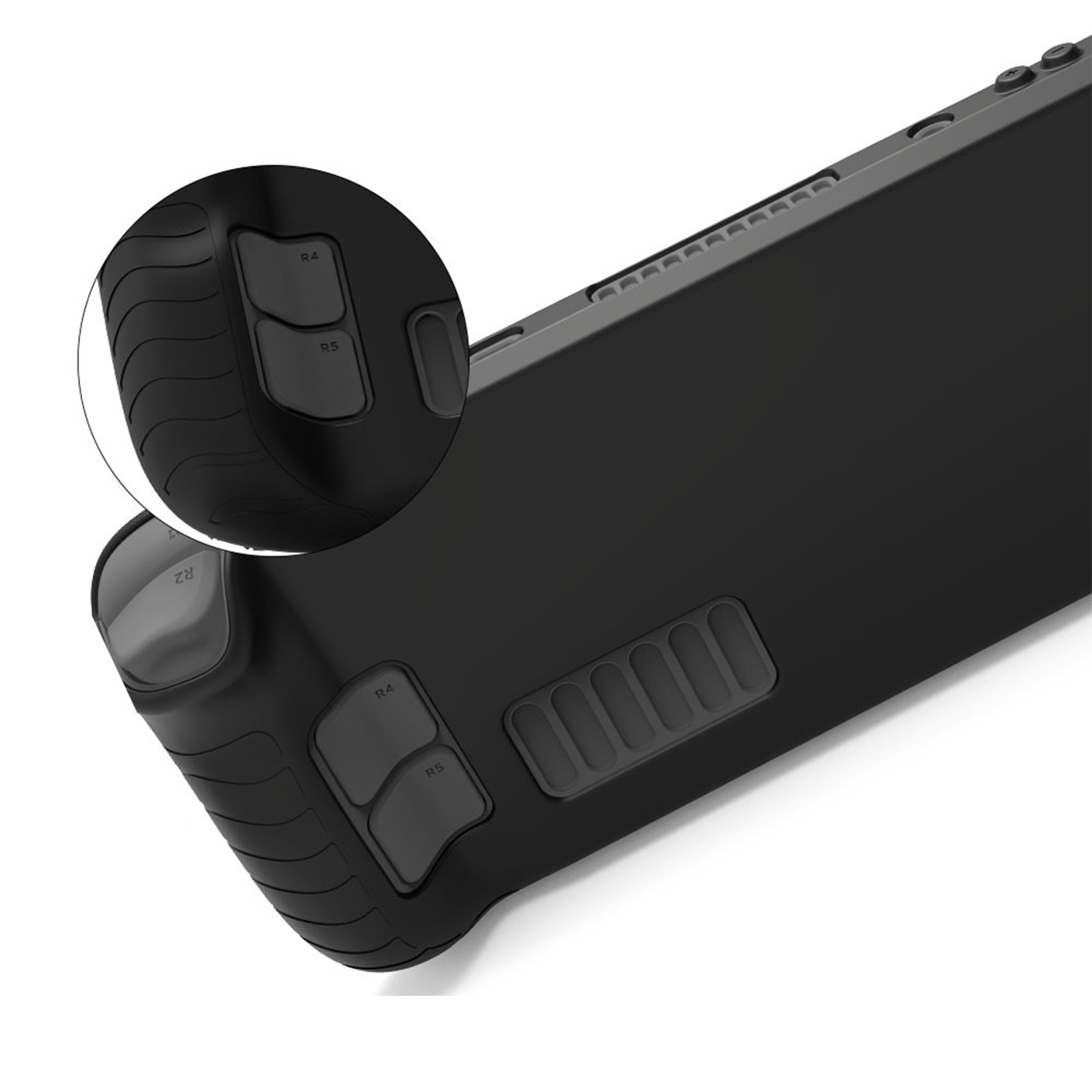 Primo piano di un dispositivo di gioco portatile nero. Mostra i pulsanti R4, R5 e RZ. Un inserto circolare evidenzia i dettagli.