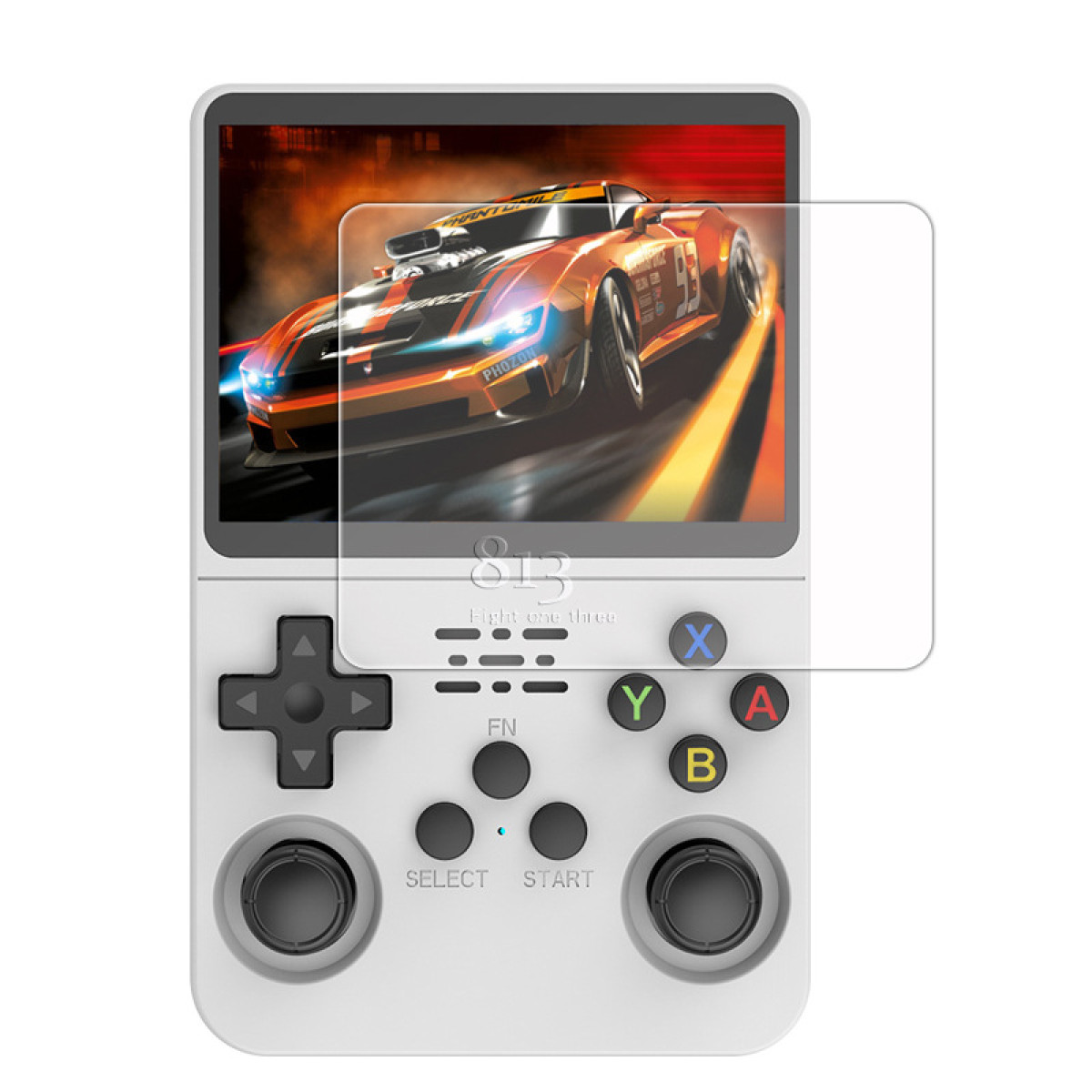 Biała konsola do gier przenośna z ekranem wyświetlającym samochód wyścigowy. Przyciski: D-pad, X, Y, A, B, select i start.