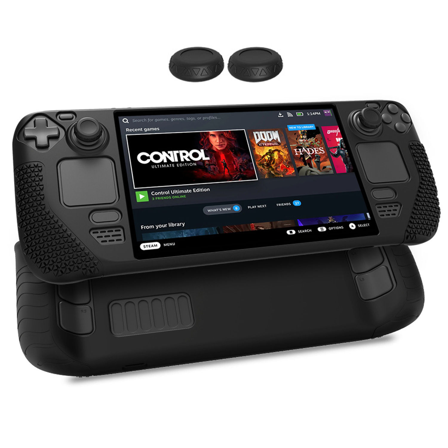 Una console di gioco portatile nera con uno schermo che mostra i titoli dei giochi. Due coperture nere per joystick sono sopra.