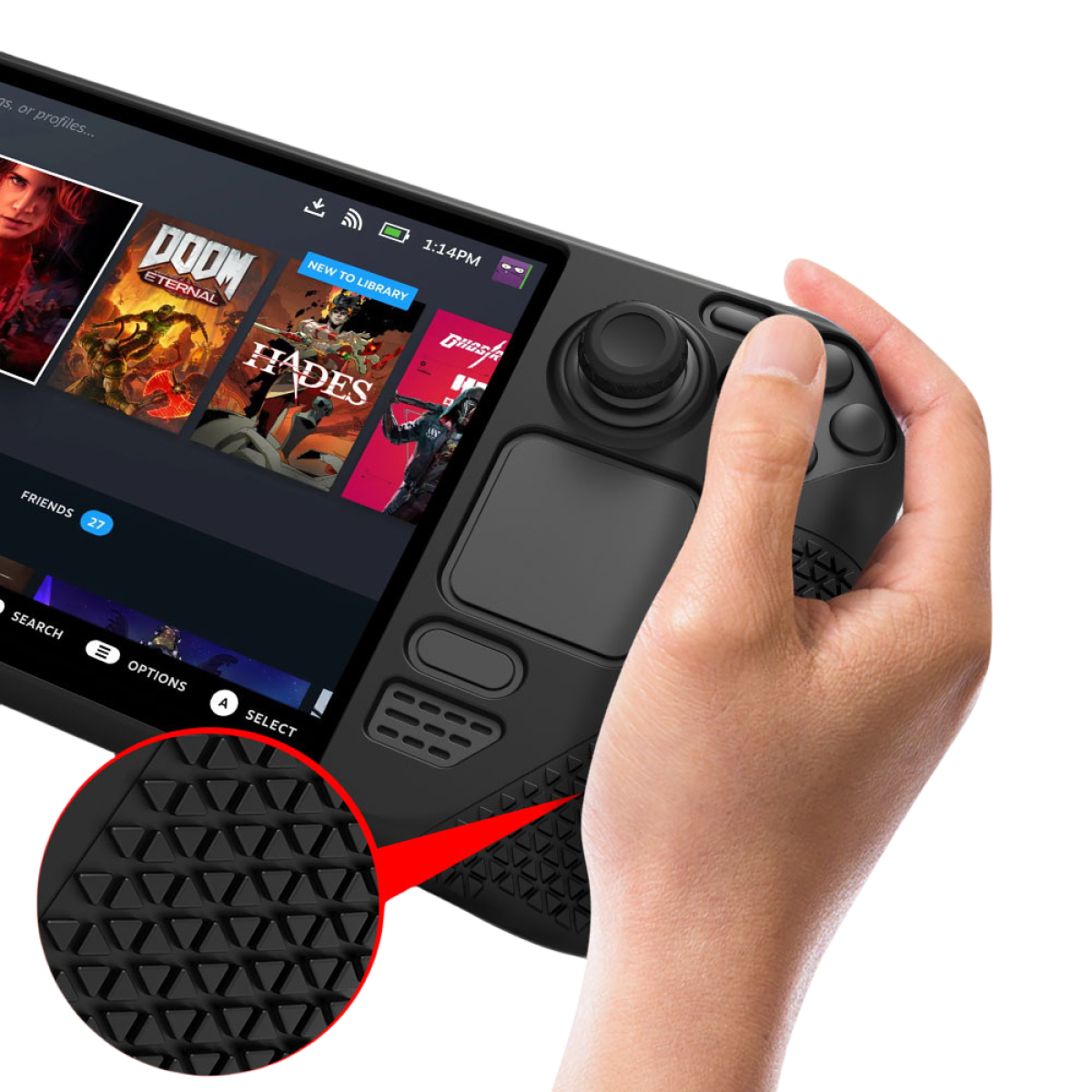 Una mano tiene in mano un dispositivo di gioco portatile nero, che mostra la selezione dei giochi. Il dispositivo ha uno schermo e dei comandi. Lo sfondo è nero.