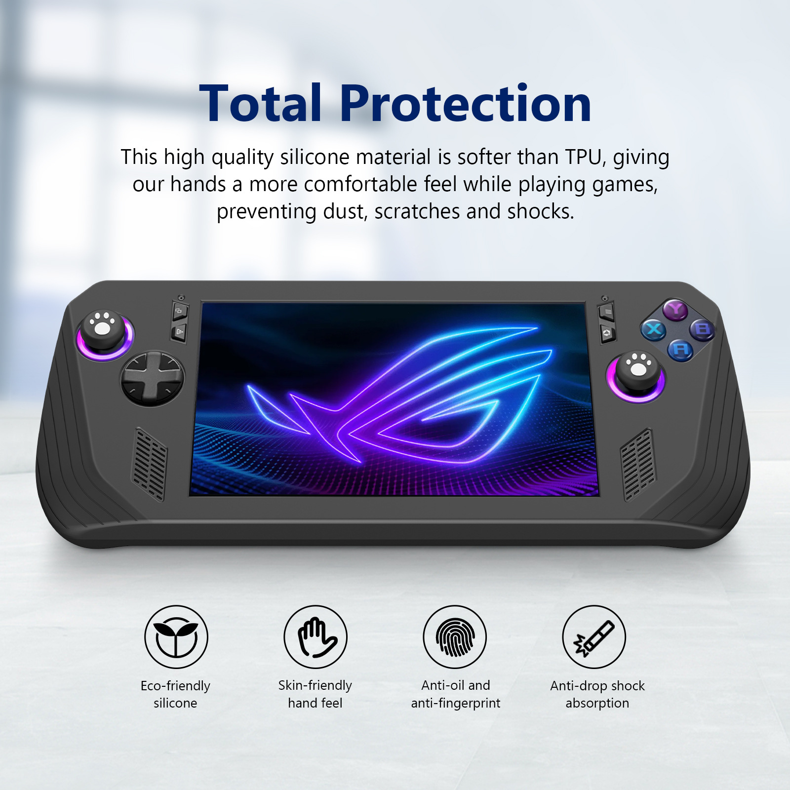 Console di gioco portatile nera con schermo che mostra un logo al neon. Quattro icone in basso mostrano le funzionalità.