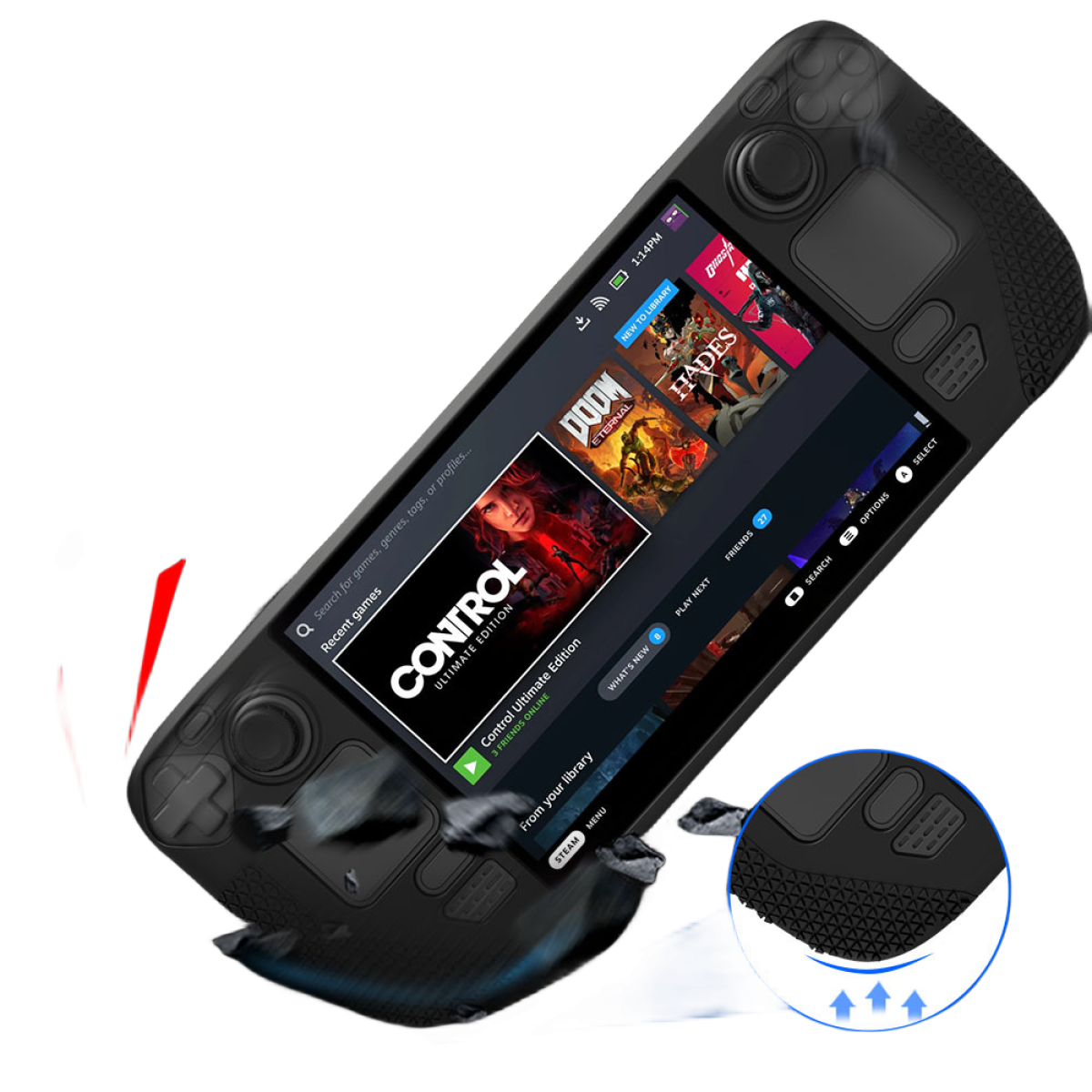 Un dispositivo di gioco portatile nero con uno schermo che mostra le opzioni di gioco. Il dispositivo è angolato con alcuni pezzi rotti.