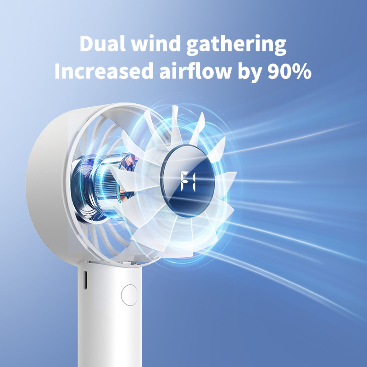 Biały wentylator z łopatkami, niebieskie akcenty. Tekst: 'Dual wind gathering'. Linie przepływu powietrza na niebieskim tle. Zwiększony przepływ o 90%.
