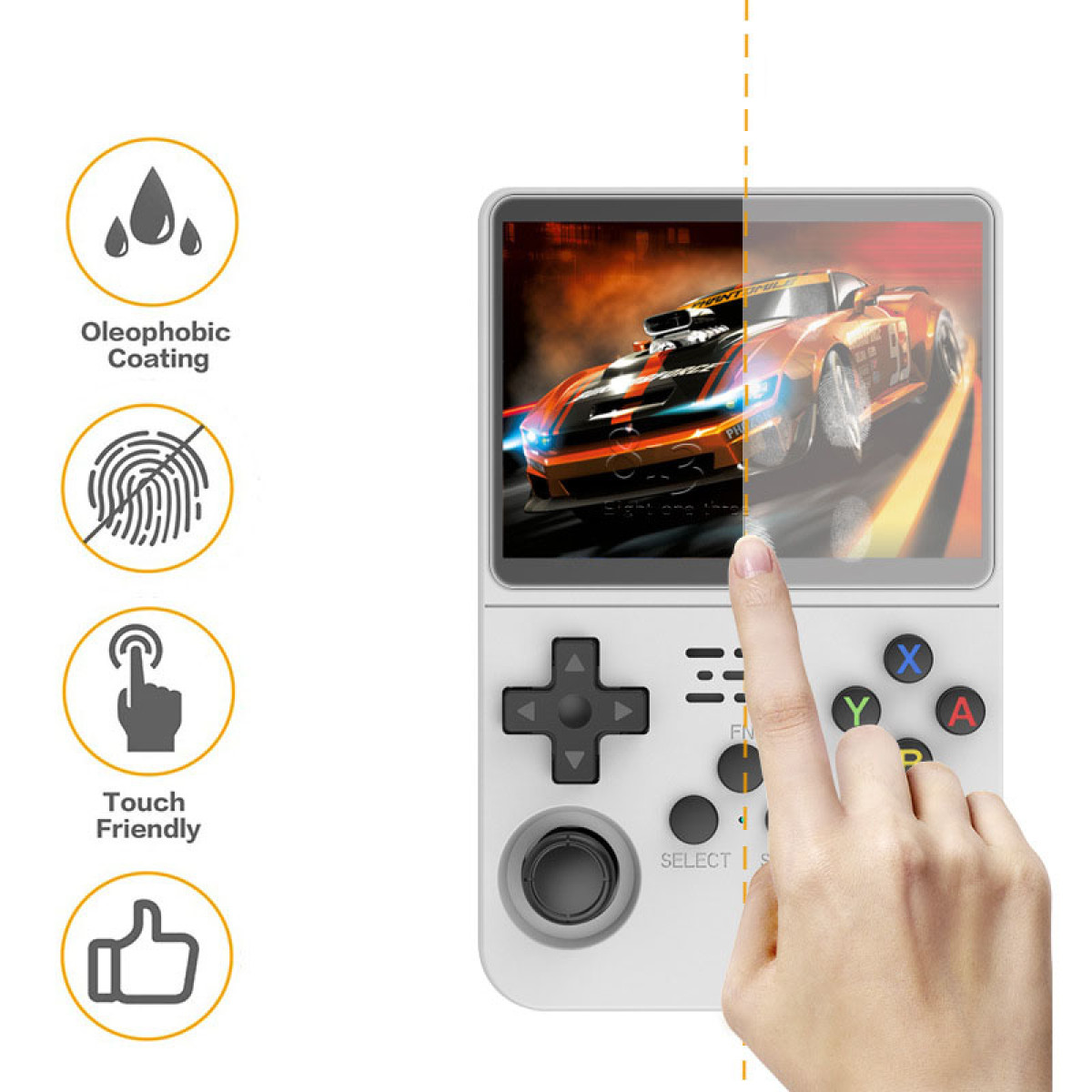 Dłoń dotyka ekranu konsoli do gier z widocznym samochodem wyścigowym. Widoczne ikony powłoki, odporności na odciski palców i dotyku.