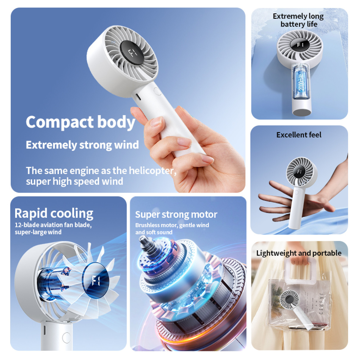Biały wentylator ręczny jest pokazany w wielu kontekstach, podkreślając cechy takie jak kompaktowy korpus, silny wiatr i długa żywotność baterii.