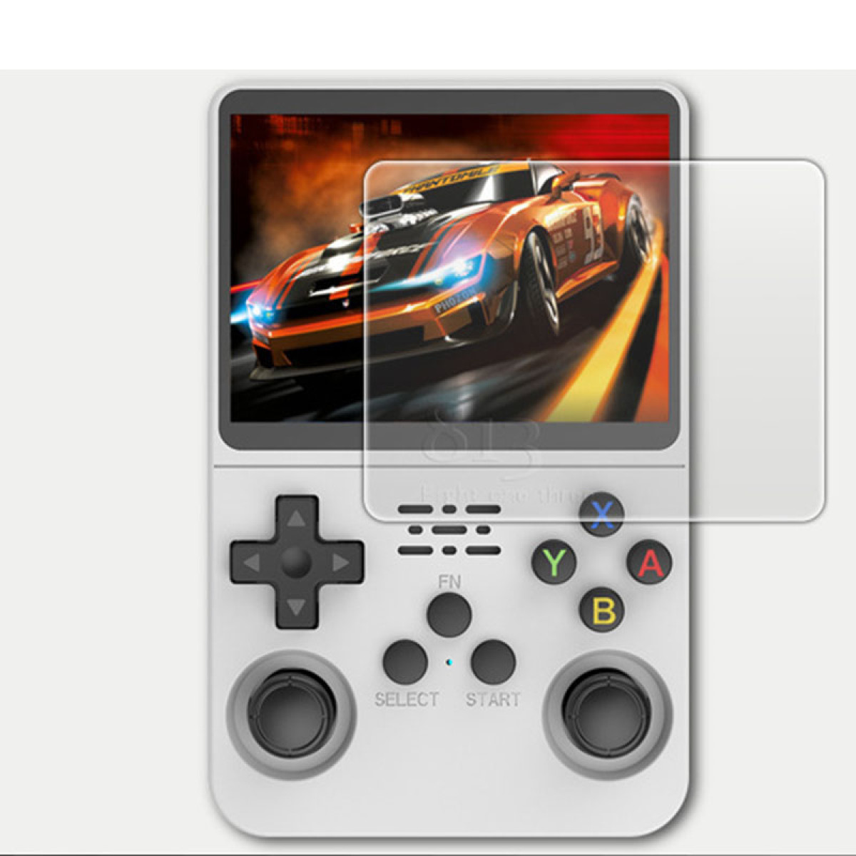 Biała przenośna konsola do gier z ekranem wyświetlającym grę wyścigową, przyciskami i przezroczystą osłoną ekranu.