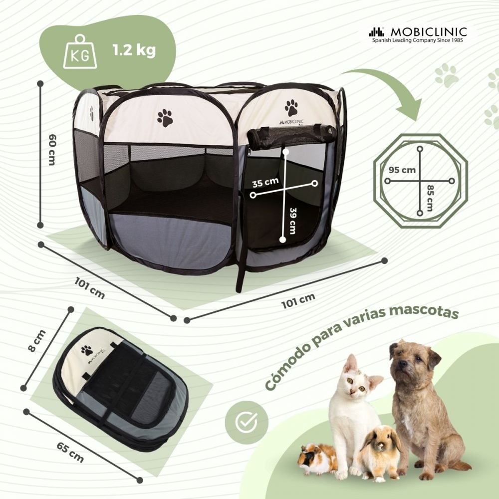 Un parque para mascotas con dimensiones, un parque plegado y mascotas (gato, perro, cobaya y conejo) se muestran. Las dimensiones están etiquetadas.