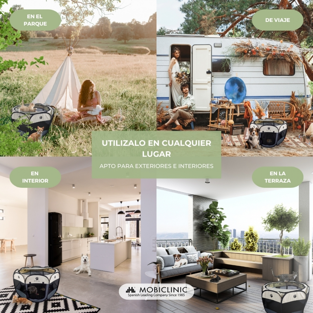La imagen muestra cuatro escenarios: parque, viaje, interior y terraza. Cada uno presenta un recinto para mascotas, mostrando versatilidad para varios entornos.