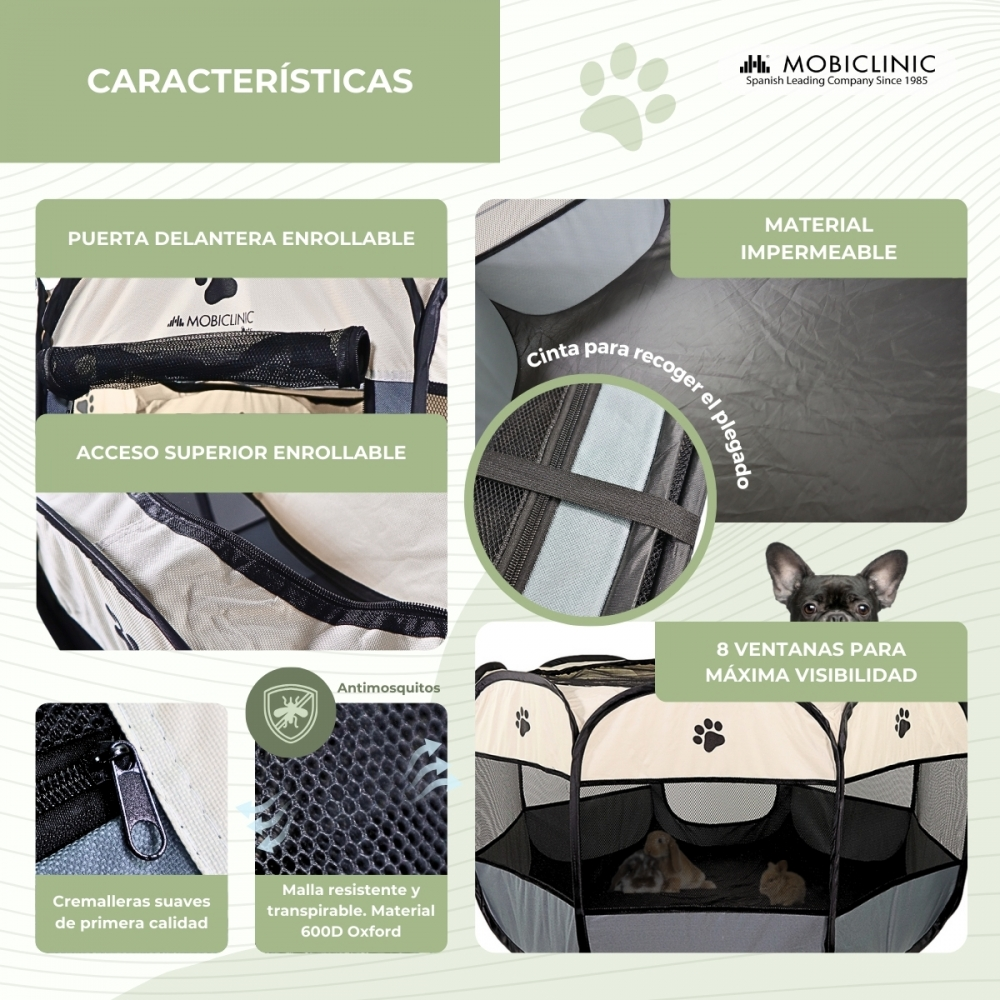 Anuncio de un recinto para mascotas con características como puerta enrollable, material impermeable y mosquitera. Incluye un perro.
