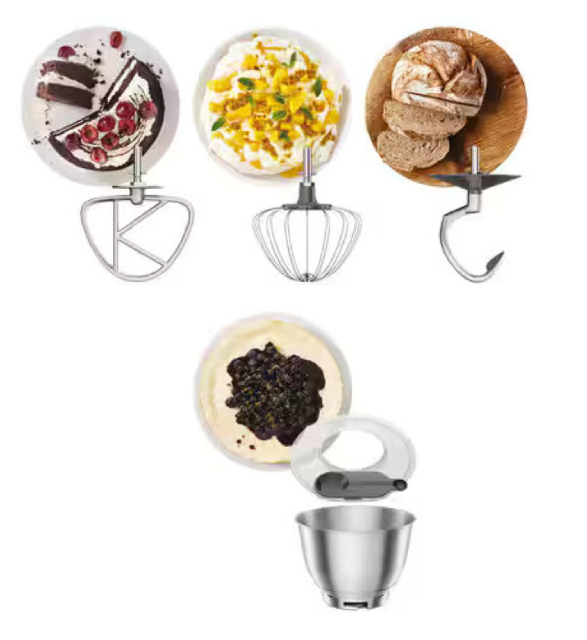 Das Bild zeigt Essen und Küchengeräte. Kirschkuchen, Zitronencreme, geschnittenes Brot auf Tellern. Mixeraufsätze und eine Schüssel.