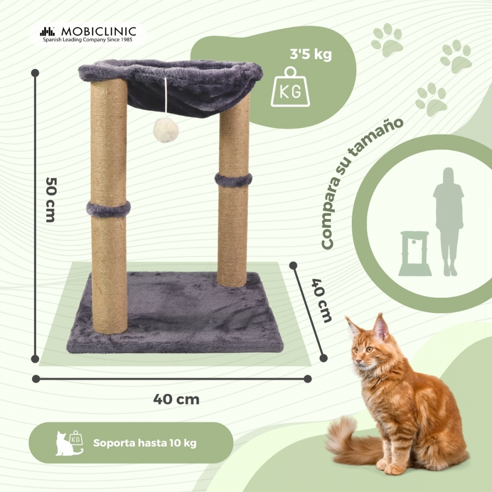 Un rascador para gatos con dimensiones etiquetadas, un gato sentado y texto en español. El rascador tiene una cama, postes y una base.
