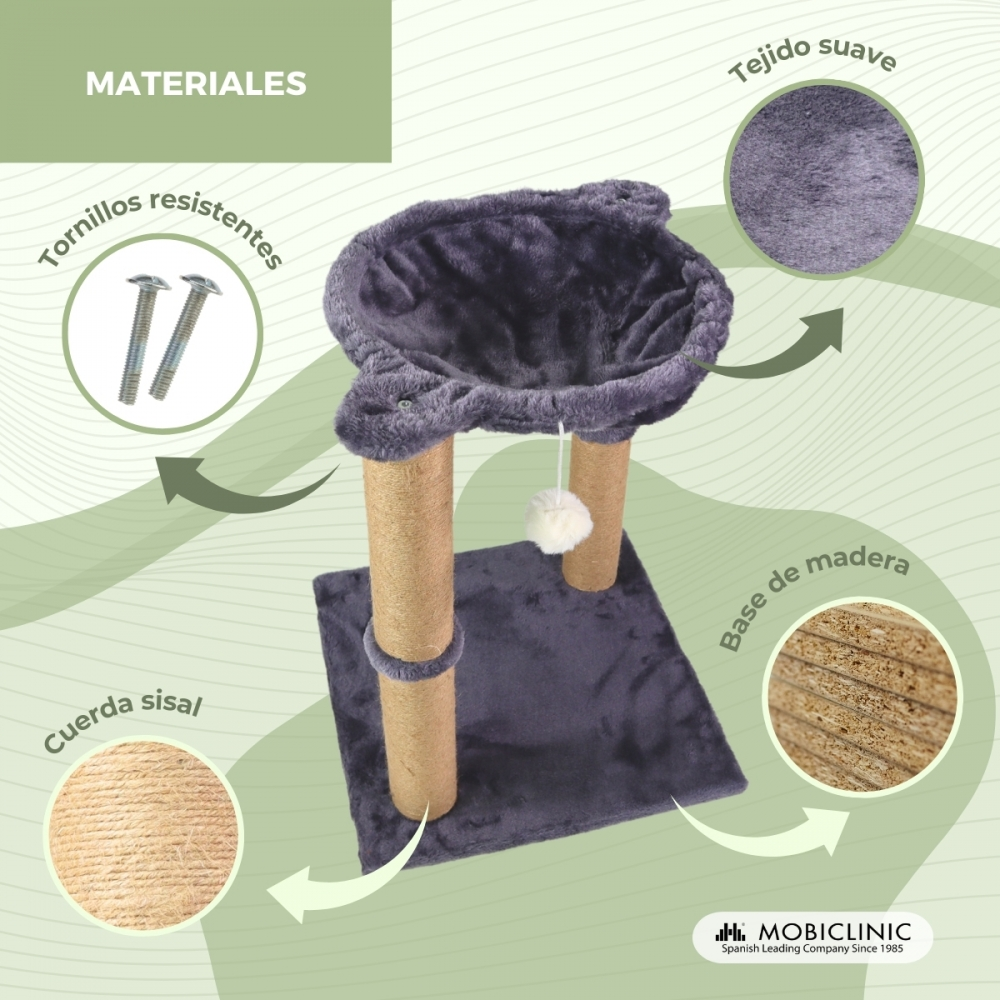 Árbol para gatos con cama de felpa gris, postes de cuerda de sisal, base de madera y un juguete de bola colgante. Detalles de materiales.