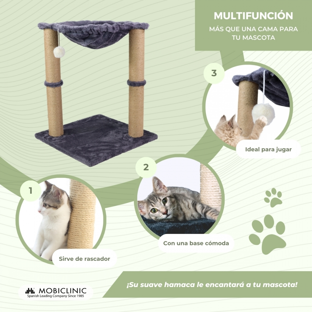 Un rascador para gatos con una hamaca. Se muestran varios gatos interactuando con él. El texto en español destaca características y beneficios.