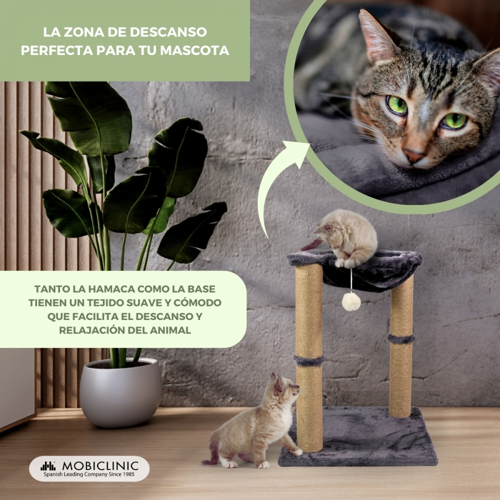 Un gato descansando en una cama, con un rascador para gatos y una planta. El texto describe el lugar de descanso perfecto para tu mascota.