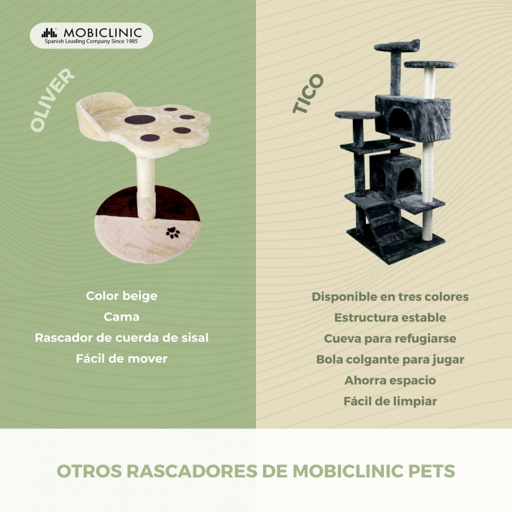 La imagen muestra dos rascadores para gatos. Uno es beige con una cama en forma de flor, y el otro es una estructura gris multinivel.