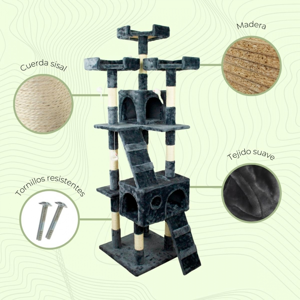 Un árbol para gatos de varios niveles con cuerda de sisal, tela suave y elementos de madera. Incluye escalera, plataformas y postes.
