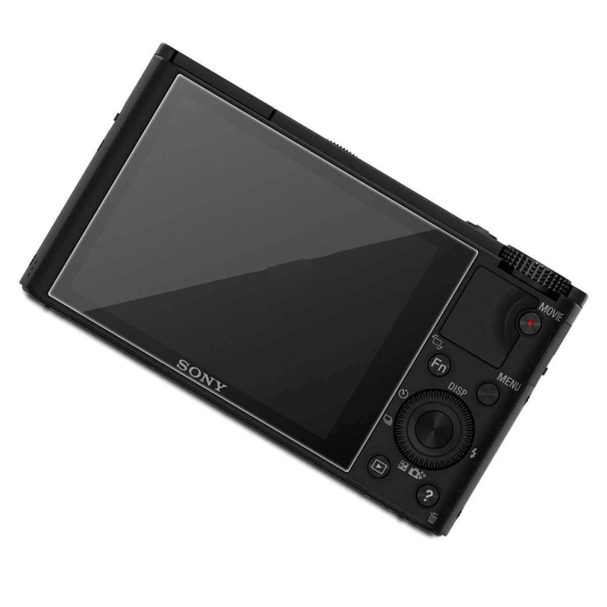 Czarny aparat cyfrowy Sony na białej powierzchni. Ekran jest ciemny, a przyciski widoczne.