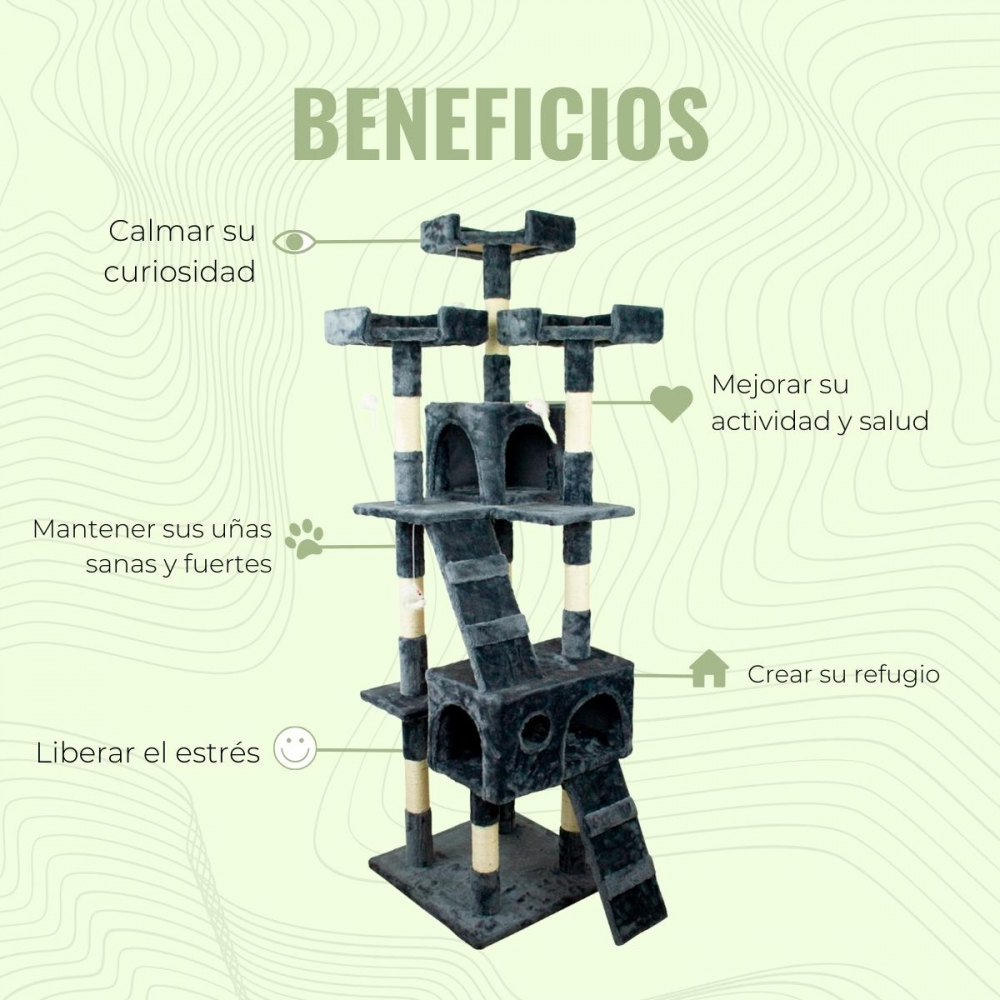 Un árbol para gatos gris con múltiples niveles y características. El texto detalla los beneficios: curiosidad, salud, refugio, alivio del estrés y garras sanas.
