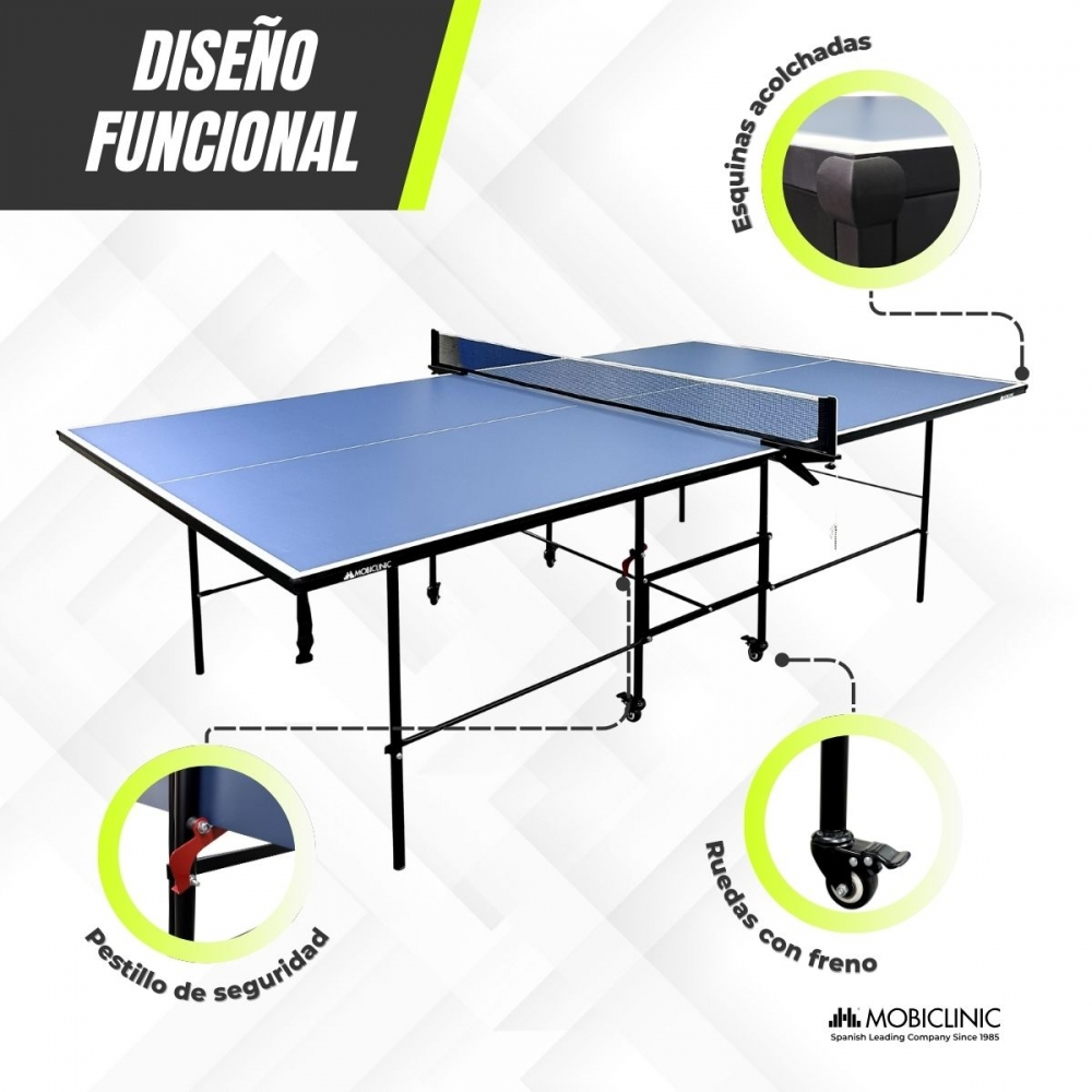Una mesa de ping pong azul con patas negras, red y ruedas. El texto dice 'Diseño funcional', 'Cierre de seguridad' y 'Ruedas con freno'.