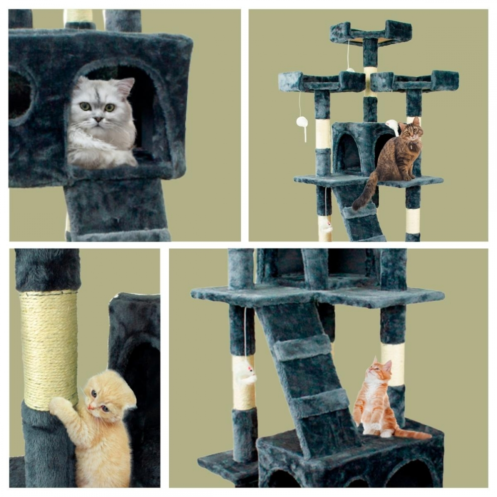 Un árbol para gatos con múltiples niveles. Hay gatos de diferentes colores en el árbol, incluidos gatos grises, marrones y naranjas.
