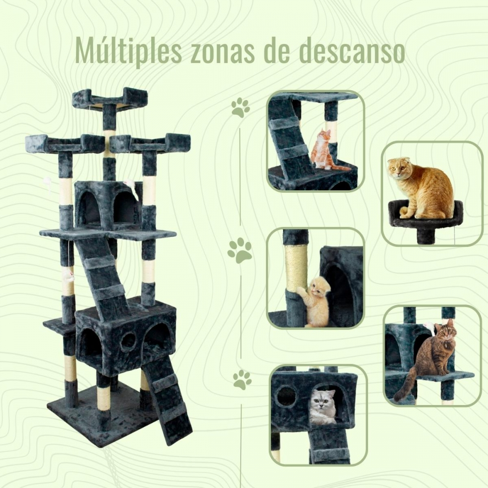Un árbol para gatos con múltiples niveles y zonas de descanso. Se muestran varios gatos usando el árbol, que tiene escaleras y postes rascadores.