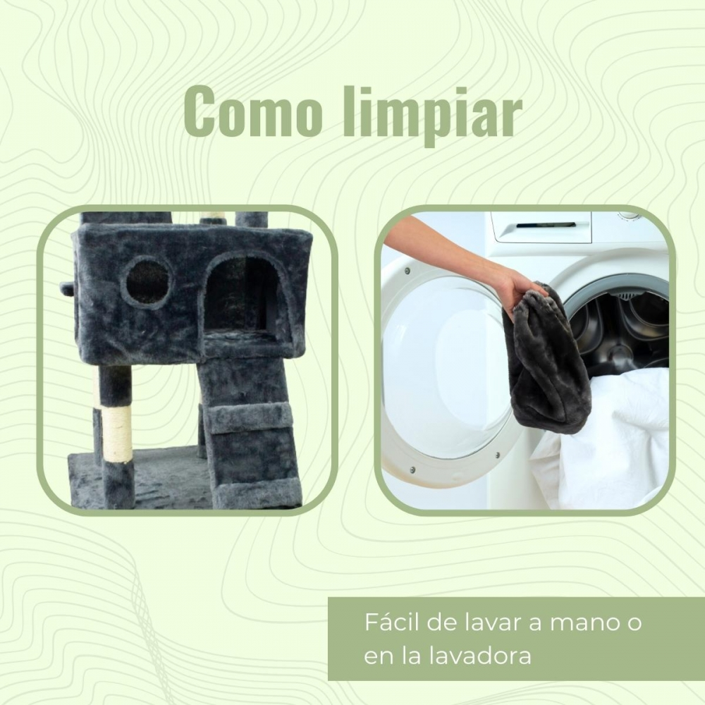 La imagen muestra un árbol para gatos junto a una lavadora. Una mano mete un paño oscuro en la máquina. El texto dice 'Cómo limpiar'.