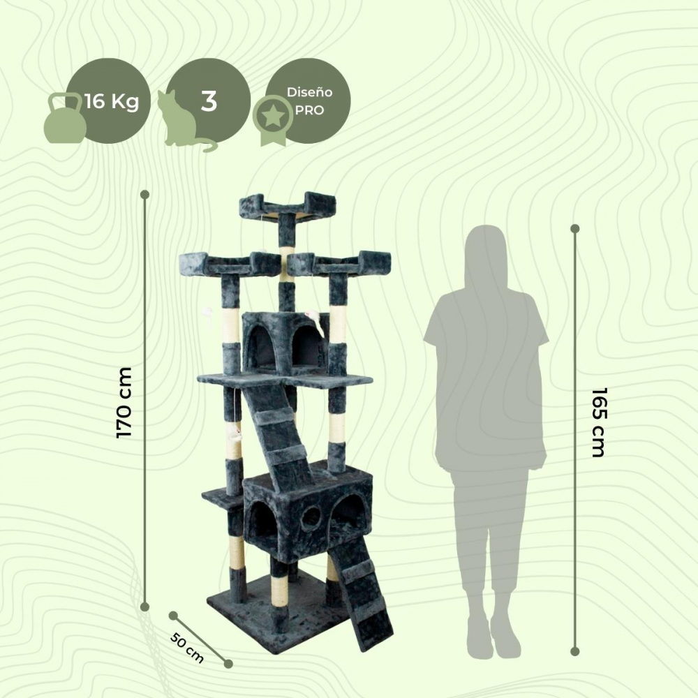 Un árbol para gatos gris con múltiples niveles, una escalera y una silueta humana. Se indican las dimensiones.